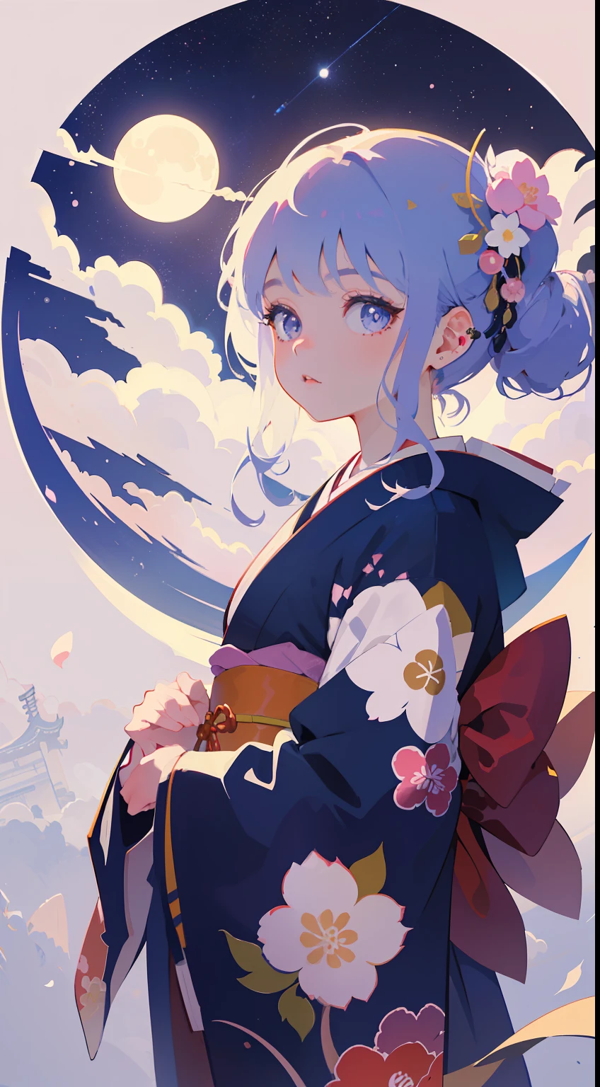 1 sticker, sticker, nikkaze, (cute girl), (gorgeous kimono), (gorgeous hair accessory), (Japanese traditional hairstyle), cherry blossoms, clouds, behind is a huge round moon, stars, white background, no background, simple background, minimal, cute, tiny, pastel color, vector style, no gradient,solo