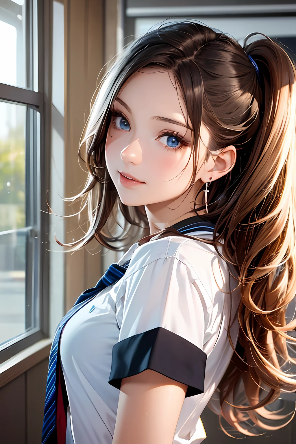 (Masterpiece: 1.3), (Maximum resolution: 1.2), (Ultra HDTV: 1.2), Cinema light, Ultra HDTV, (Detailed eyes and skin), (Detailed facial features), HDR, 8k resolution, Sharp Focus: 1.2, Perfect style, beautiful face, Perfect body, accurate, anatomically correct, highly detailed face and skin texture, detailed eyes, Dark-blue eyes, double eyelids, thin eyebrows, glitter eyeliner: 1.2, natural cheeks, glossy skin, fair skin: 1.2, shiny little necklace and earrings, (glossy lips: 1.4), BREAK, first-person-view, (she is very Cute high school student), (Wearing a Button up shirt, pleated mini skirt, Navy tie, high socks), (seductive smile: 1.2), ((Innocent and Cute girl:1.3)), (side-Ponytail Hairstyle, wavy hair), (Light-brown hair:1.2), medium long hair, (Cowboy shot: 1.2), BREAK, ((Very intimate relationships: 1.2)), medium large breasts, ((Looking back at me:1.2)), ((Grab a shirt button.:1.4)), ((In the school changing room:1.2)), from behind,