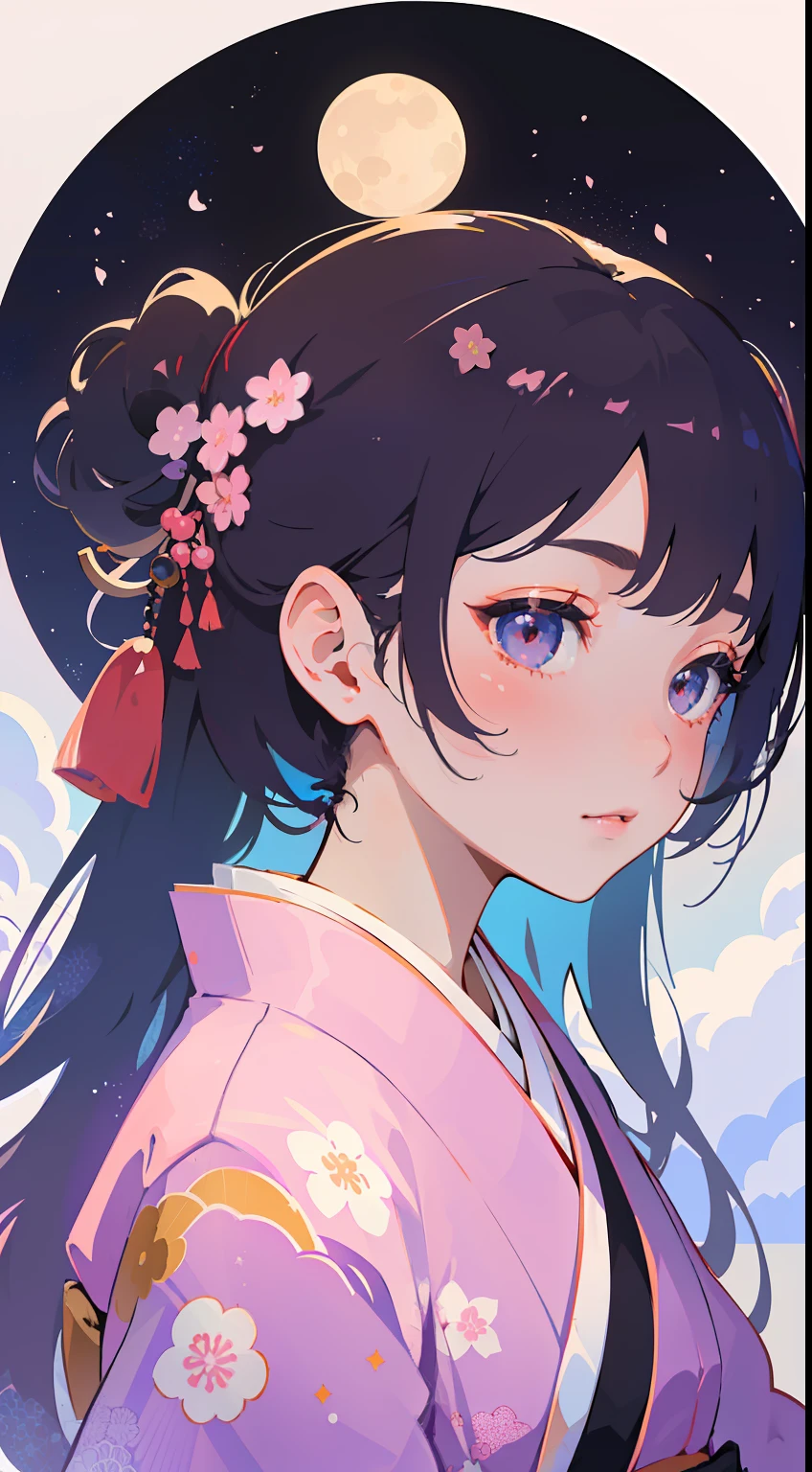 1 sticker, sticker, nikkaze, (cute girl), (gorgeous kimono), (gorgeous hair accessory), (Japanese traditional hairstyle), cherry blossoms, clouds, behind is a huge round moon, stars, white background, no background, simple background, minimal, cute, tiny, pastel color, vector style, no gradient,solo