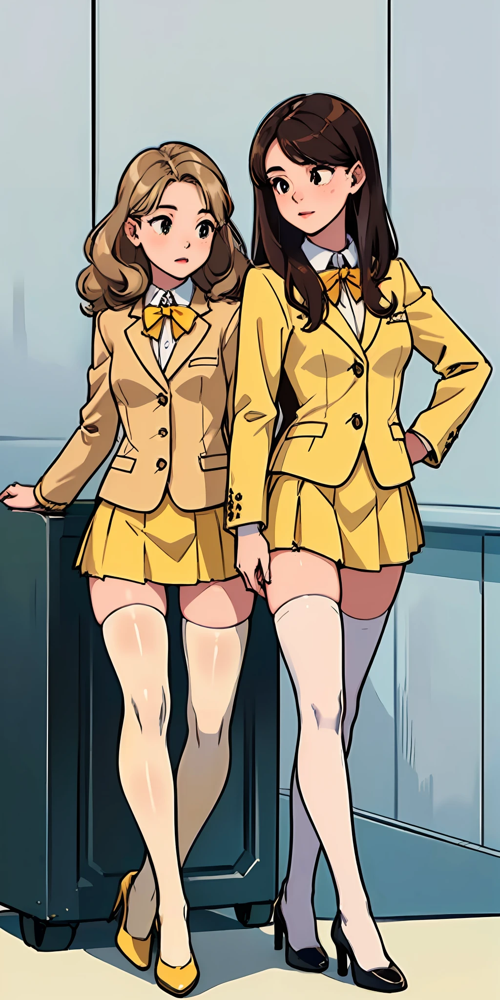 ((Masterpiece, highres)), 2girls, duo, twins, ((one brown haired girl, one blonde girl)), long hair, curly hair, matching hairstyles, different hair color, confident, elegant, (((matching outfits, identical outfits, yellow school uniforms, sexy school uniforms, yellow blazer, yellow short skirt, white thighhighs, black high heels)))