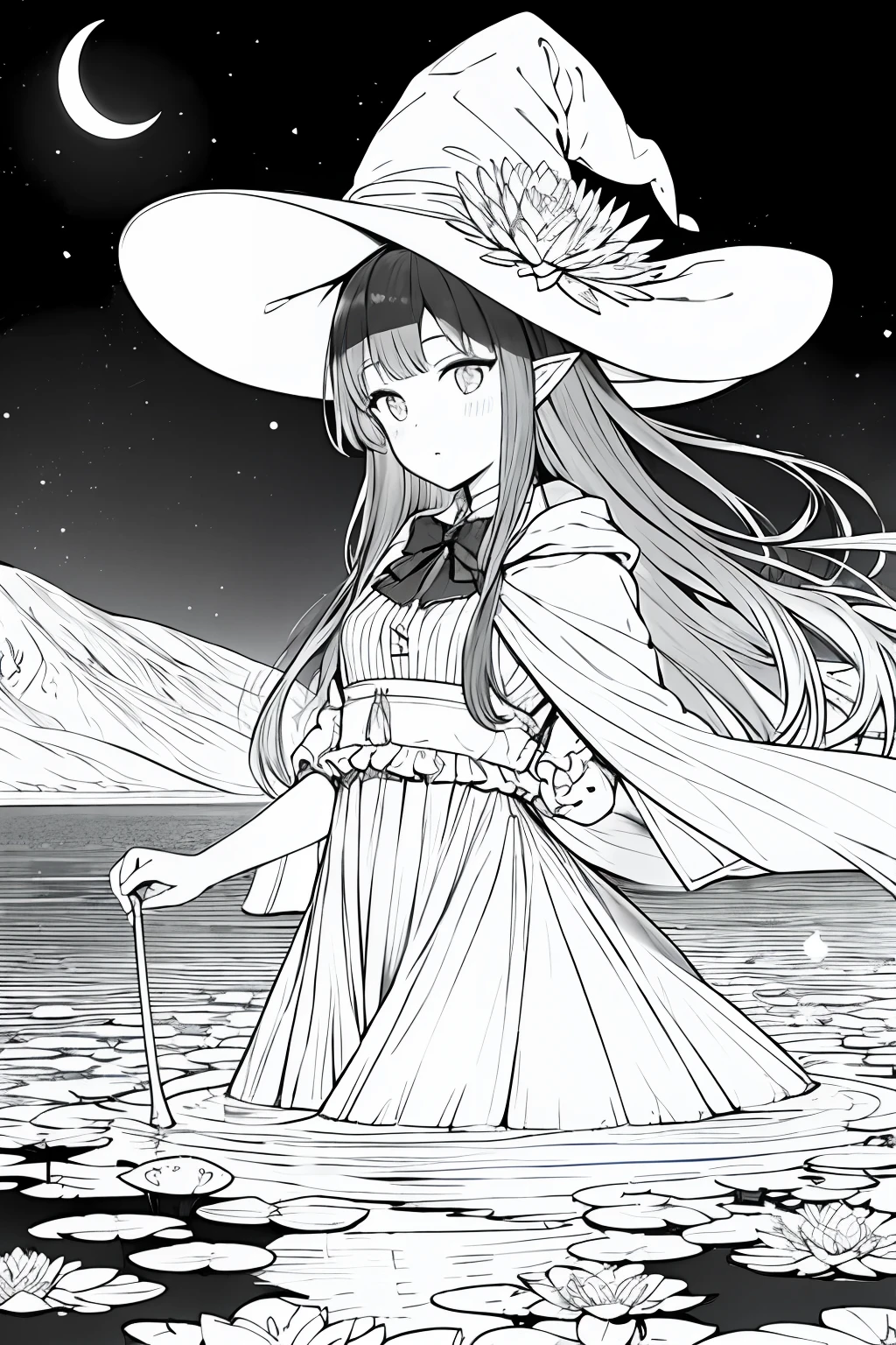 masterpiece, best quality,1girl, adjusting clothes, adjusting headwear, blush, bow, bowtie, breasts, brown eyes, brown hair, cloak, cloud, cloudy sky, crescent moon, dress, fantasy, flower, glowing, glowing flower, hat, light particles, lily pad, long hair, looking at viewer, moon, moonlight, mountain, mountainous horizon, night, outdoors, parted lips, pointy ears, pond, sky, small breasts, star (sky), starry sky, very long hair, wading, water lily flower, wind, witch, witch hat, lineart, monochrome,