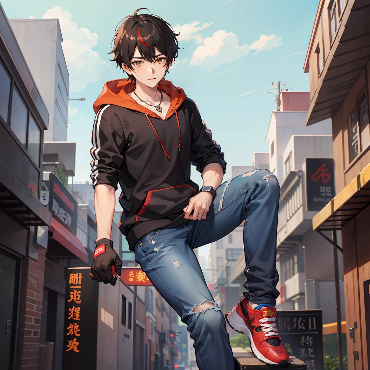 a chinese male, with short black hair, red streaked hair, Brown eyes, necklace, No sleeve hoodie shirt, Rune gloves, Jeans, sport shoes, heroes, anime figure