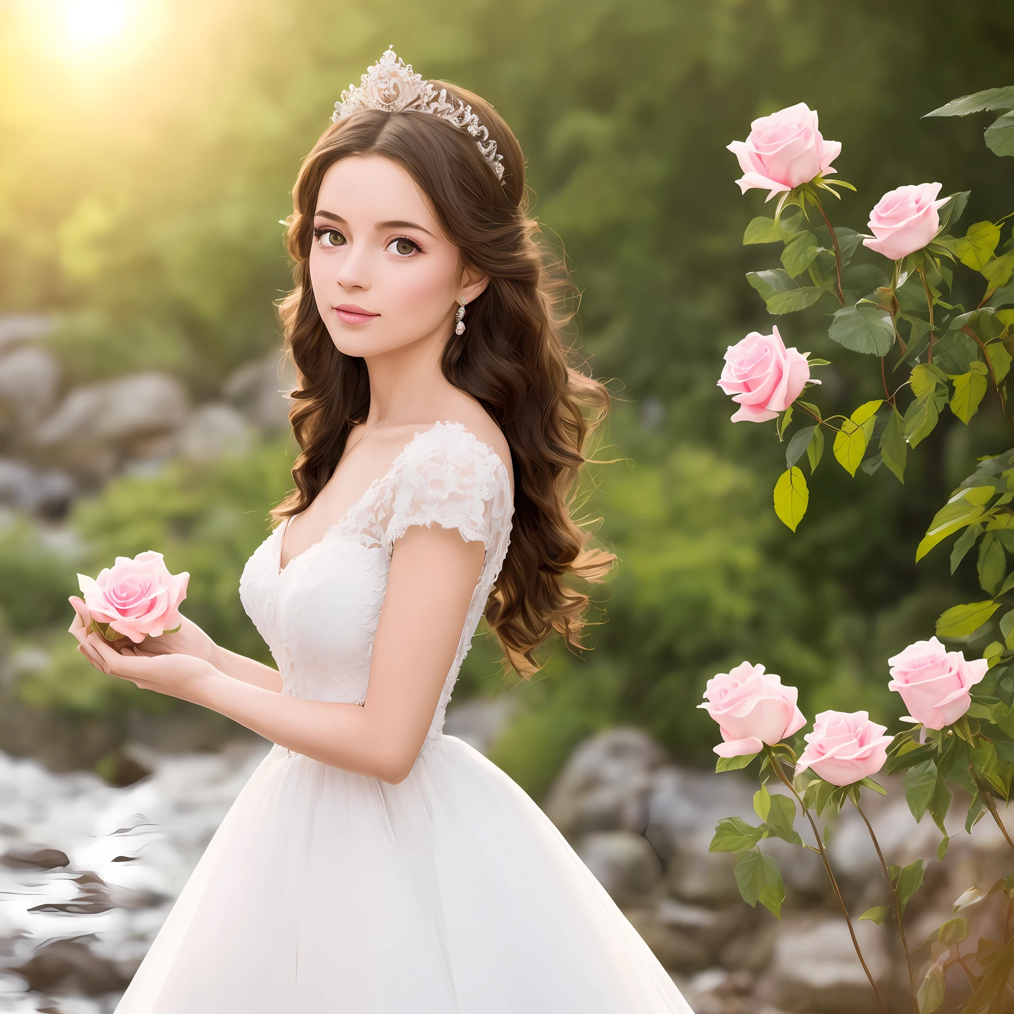 original, (masterpiece), (illustration), (extremely fine and beautiful), (perfect details), ultra-realistic, beautiful and clear background, stands aside the river, cute, England royal white wedding gown, diamond crown on the head, holding a pink rose on her hand, (detailed beautiful eyes:1.3), (beautiful face:1.3), black hair, hair to shoulder, (hair blowing with the wind:1.1), (brown eye:1.1), roses, butterflys flying around, soft sun light, tree, (summer), solo, full body