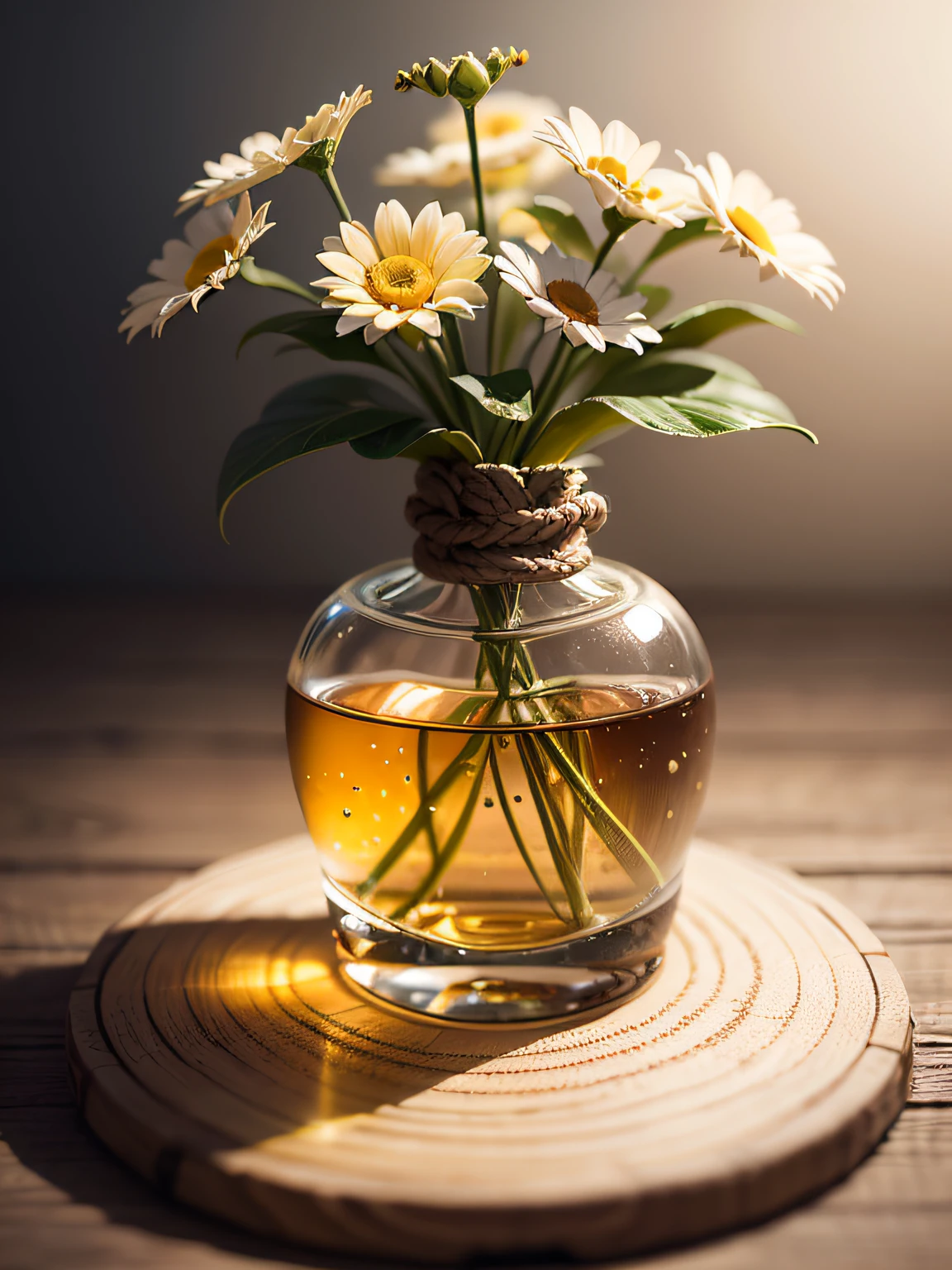 Product photography of a perfume bottle arranged with plants and flowers, realistic, light background, realistic rendering --v 6