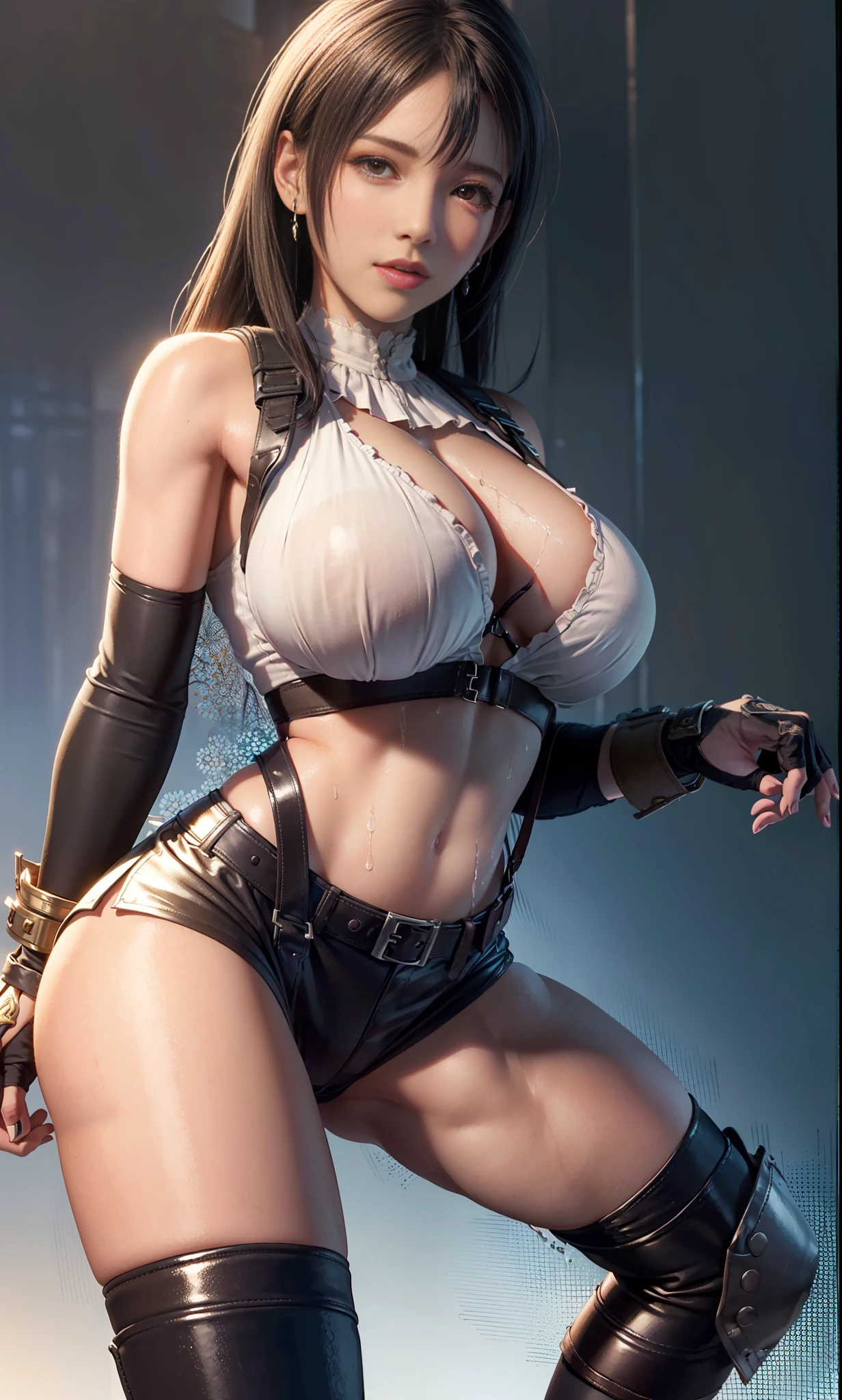 Unreal Engine 5 Realistic Render, (masterpiece, best quality), intricate details, (Best quality)), ((masterpiece)), ((realistic)), (hyperrealism:1.2), (fractal art:1.2), 
1girl, 7rtifa, crop top, arm guards, fingerless gloves, suspenders, pleated miniskirt, black thighhighs, red boots 
extreme detailed eyes, colorful, highest detailed, 
vibrant colors, high contrast,
(8K UHD:1.2), (photorealistic:1.2), beautiful face, top body is hyper realistic thicc muscle and hyper largest_breasts!! with the type of boobs_melons, lower is huge buttocks, wet shiny body