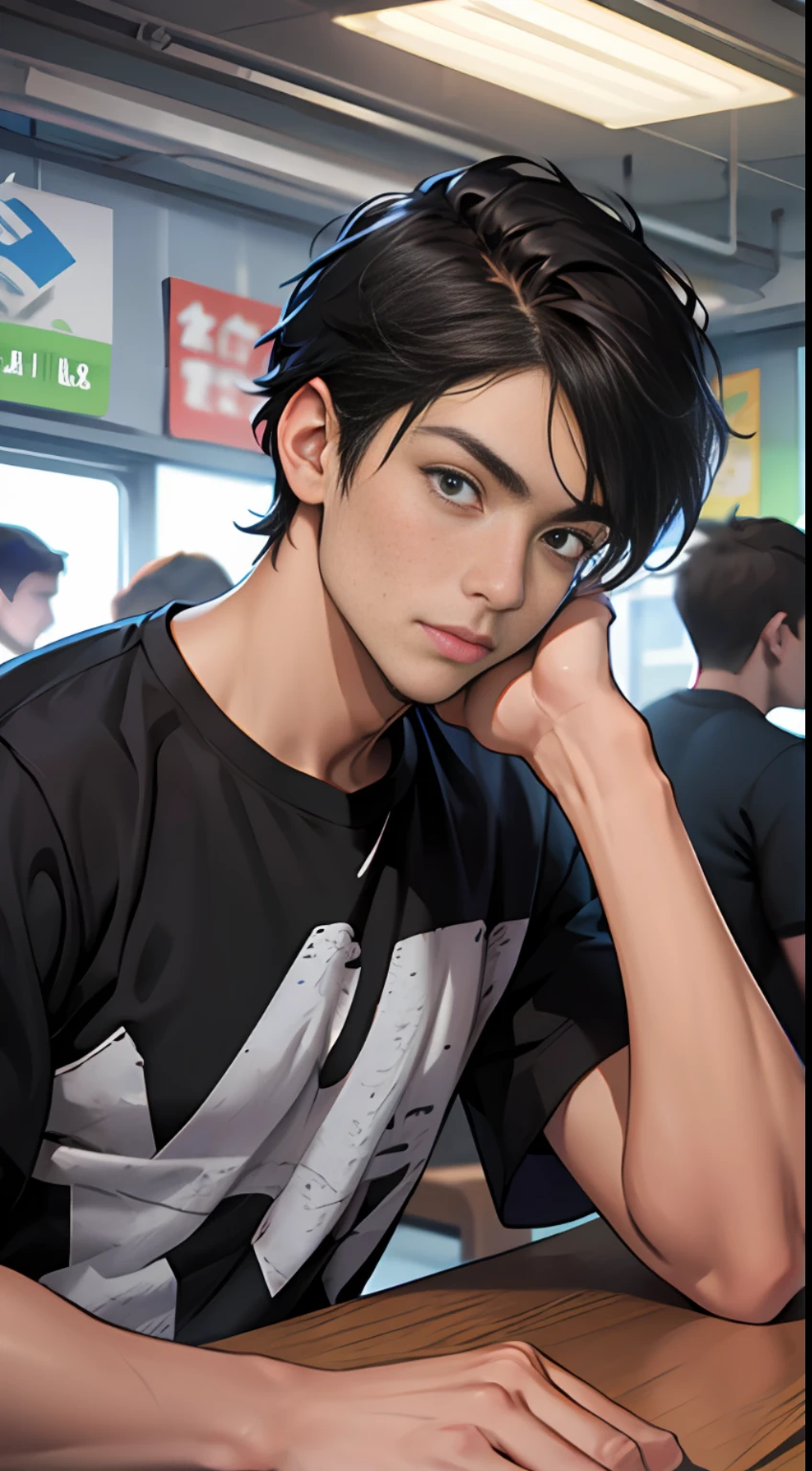 A young man with black short hair, wearing a black T-shirt, sat at the head of a long table., surrounded by people who looked at him in shock., 8k, super detail, ccurate, best quality, masterpiece