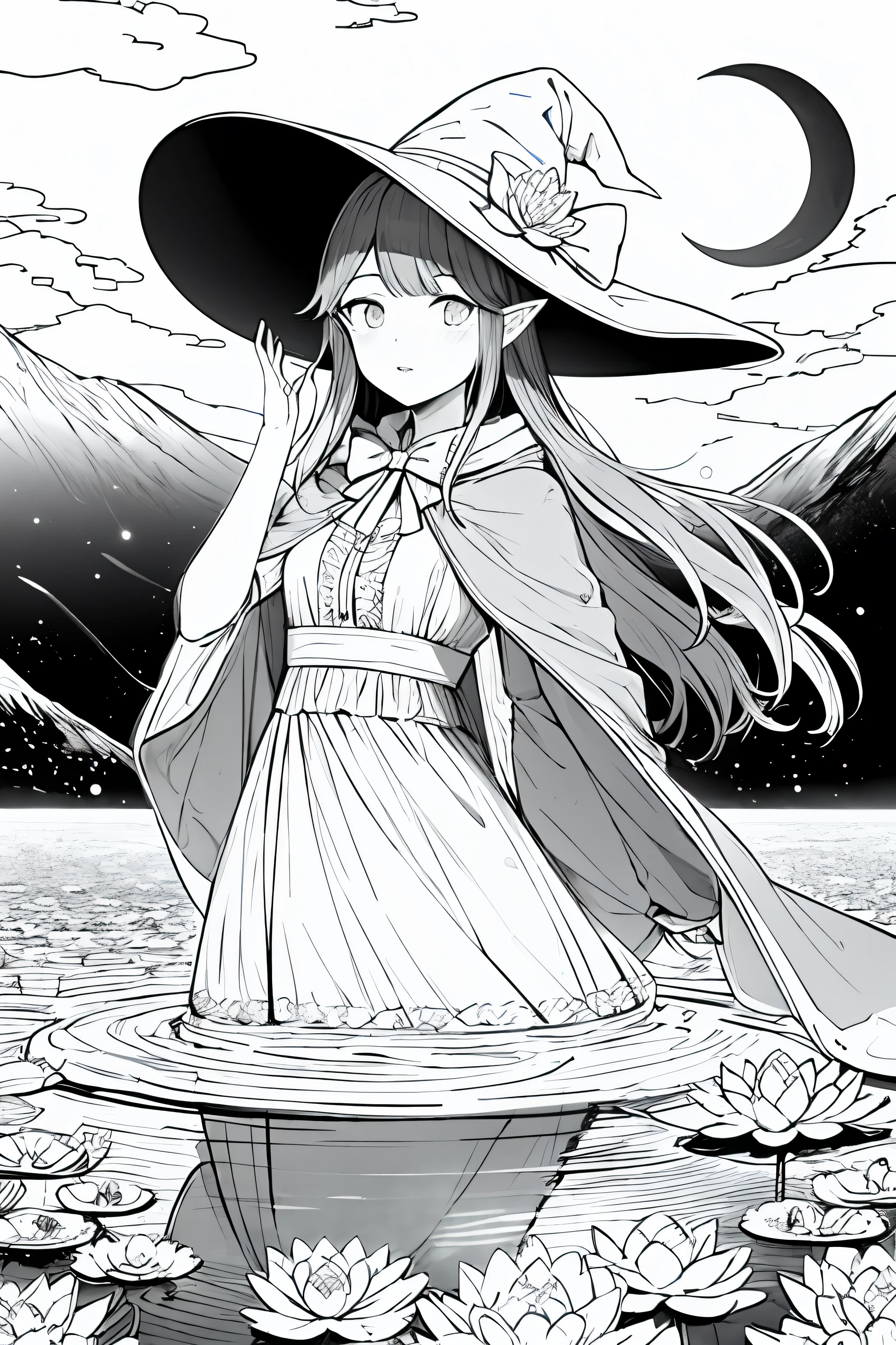 masterpiece, best quality,1girl, adjusting clothes, adjusting headwear, blush, bow, bowtie, breasts, brown eyes, brown hair, cloak, cloud, cloudy sky, crescent moon, dress, fantasy, flower, glowing, glowing flower, hat, light particles, lily pad, long hair, looking at viewer, moon, moonlight, mountain, mountainous horizon, night, outdoors, parted lips, pointy ears, pond, sky, small breasts, star (sky), starry sky, very long hair, wading, water lily flower, wind, witch, witch hat, lineart, monochrome,