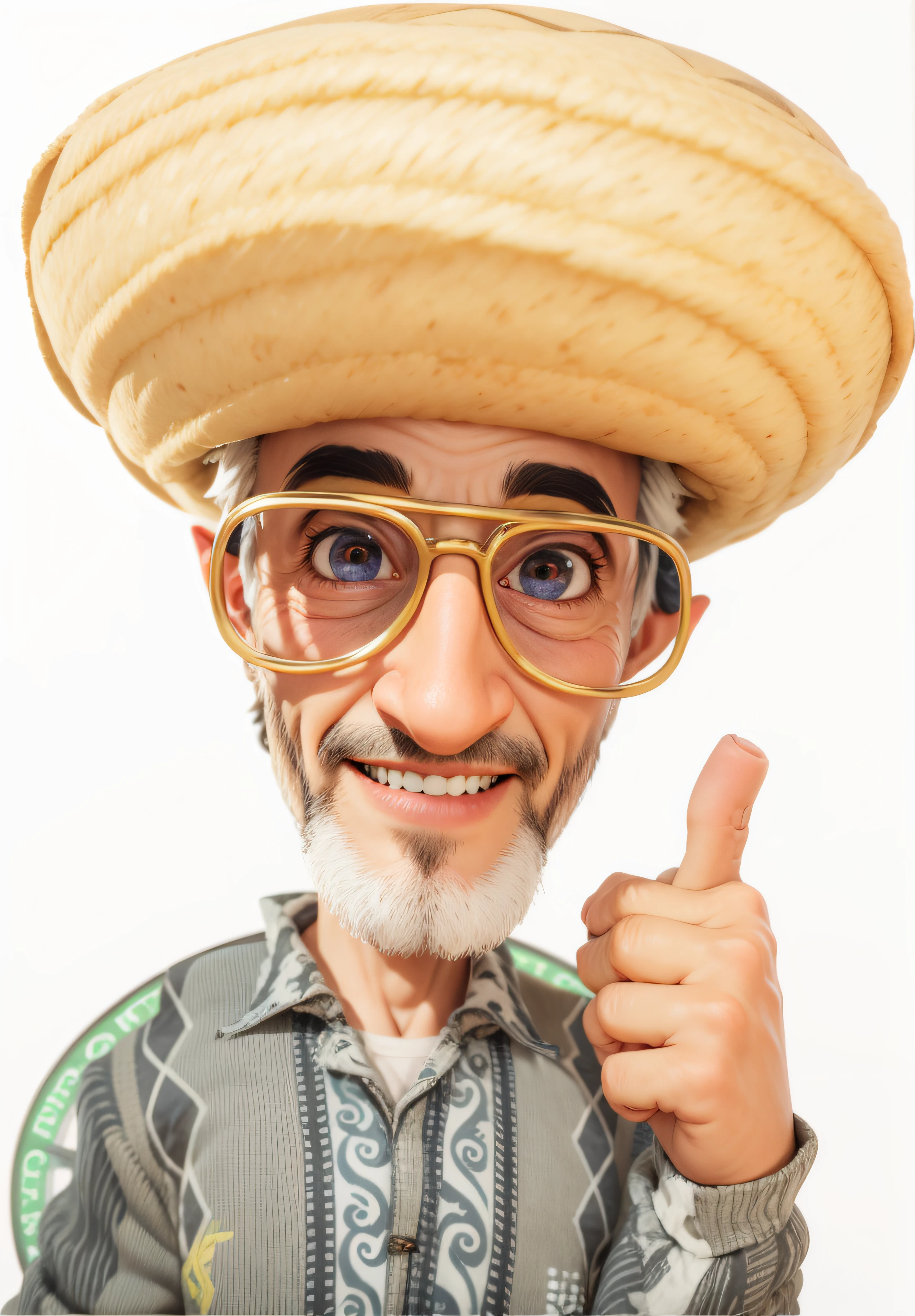 Turin Veil, sorrindo, Pele negra, [[queimada do sol] olhos castanhos escuros, lentes com reflexo, Barba branca com alguns cabelos pretos, realista, personagem alegre, Senhor de 65 anos, caricatura, 3D 4K
