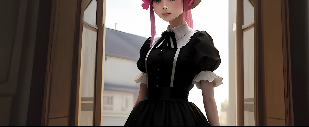 The girl was dressed all over ta clothes,Pink,In the picture, show the girl's whole body