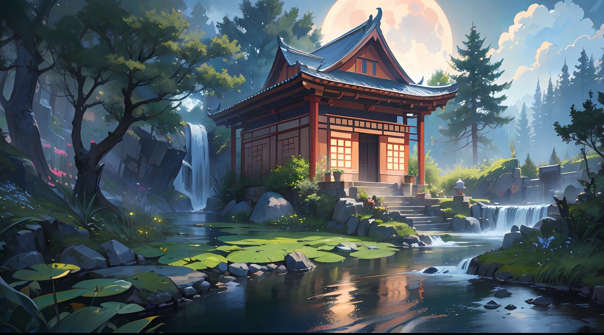 Ancient Chinese architecture, moon, midnight, garden, bamboo, lake, stone bridge, rockery, arch, corner, tree, flowing water, landscape, outdoor, waterfall, meadow, rock, water lily, hot springs, water vapor, (illustration: 1.0), epic composition, realistic lighting, HD detail, masterpiece, the best quality, (very detailed CG unified 8k wallpaper), (very detailed CG unified 8k wallpaper), (very detailed CG unified 8k wallpaper), (very detailed CG unified 8k wallpaper), wallpaper (best quality) --v 6