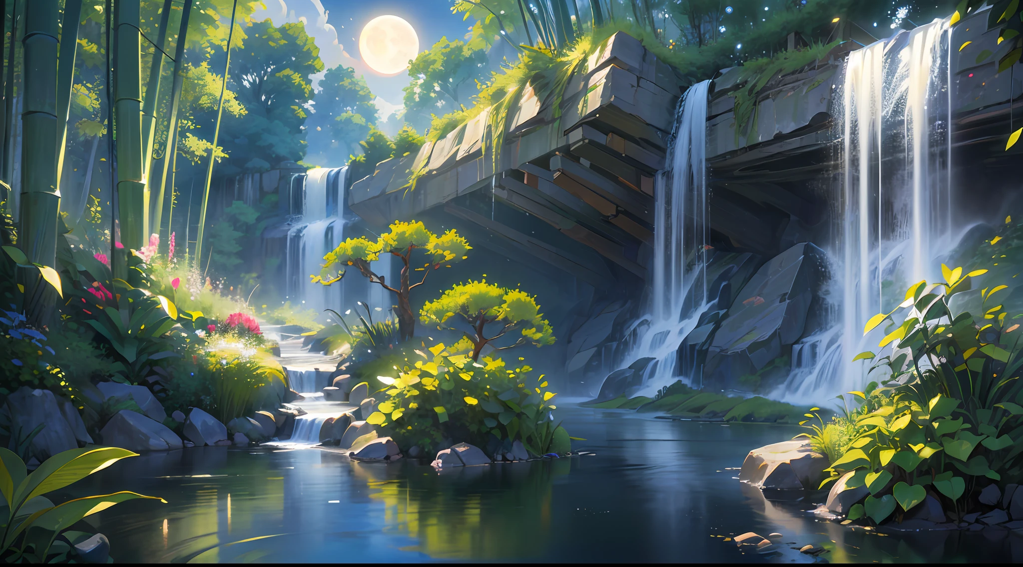 Ancient Chinese architecture, moon, midnight, garden, bamboo, lake, stone bridge, rockery, arch, corner, tree, flowing water, landscape, outdoor, waterfall, meadow, rock, water lily, hot springs, water vapor, (illustration: 1.0), epic composition, realistic lighting, HD detail, masterpiece, the best quality, (very detailed CG unified 8k wallpaper), (very detailed CG unified 8k wallpaper), (very detailed CG unified 8k wallpaper), (very detailed CG unified 8k wallpaper), wallpaper (best quality) --v 6