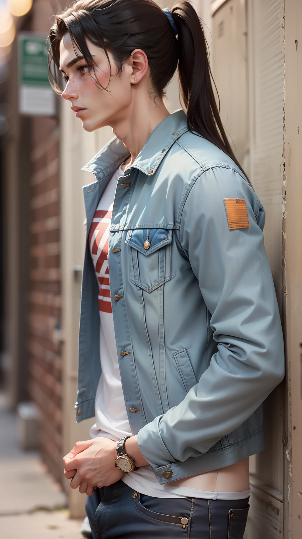 A skinny boy, long tied hair with a ponytail, sharp jawline, and blue denim jacket.