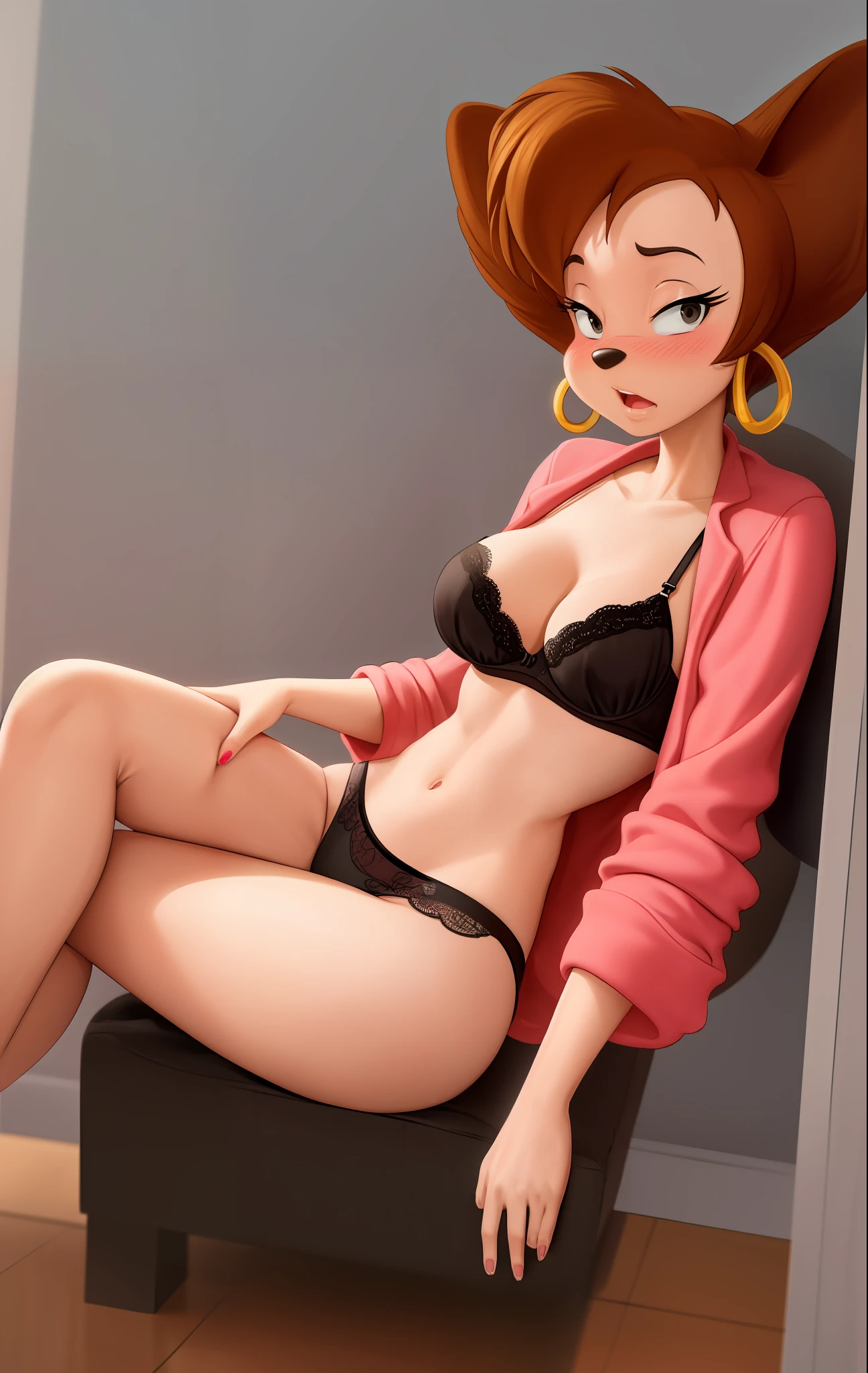 шедевр, beste-Qualit, one girls, 独奏, detailized face, looking a viewer, kblack eyes, gold hoop earrings, 4 fingers, detailed skin texture, (blushful: 0,5), (goosebumps on skin: 0,5), sub-surface Scattering, detailed skin texture, (blushful: 0,2), (goosebumps on skin: 0,3), sexy expression, portrait of, opened fur coat, String bra, panty, A high resolution, detailed bedroom, Black nose, SFW, goof troop, Disney, personage, anthro, Detailed fingers, flirty pose, detailed between legs, detailed tummy, detailed chest, detailed knees, breast blush, thights, detailed nails, flirty pose