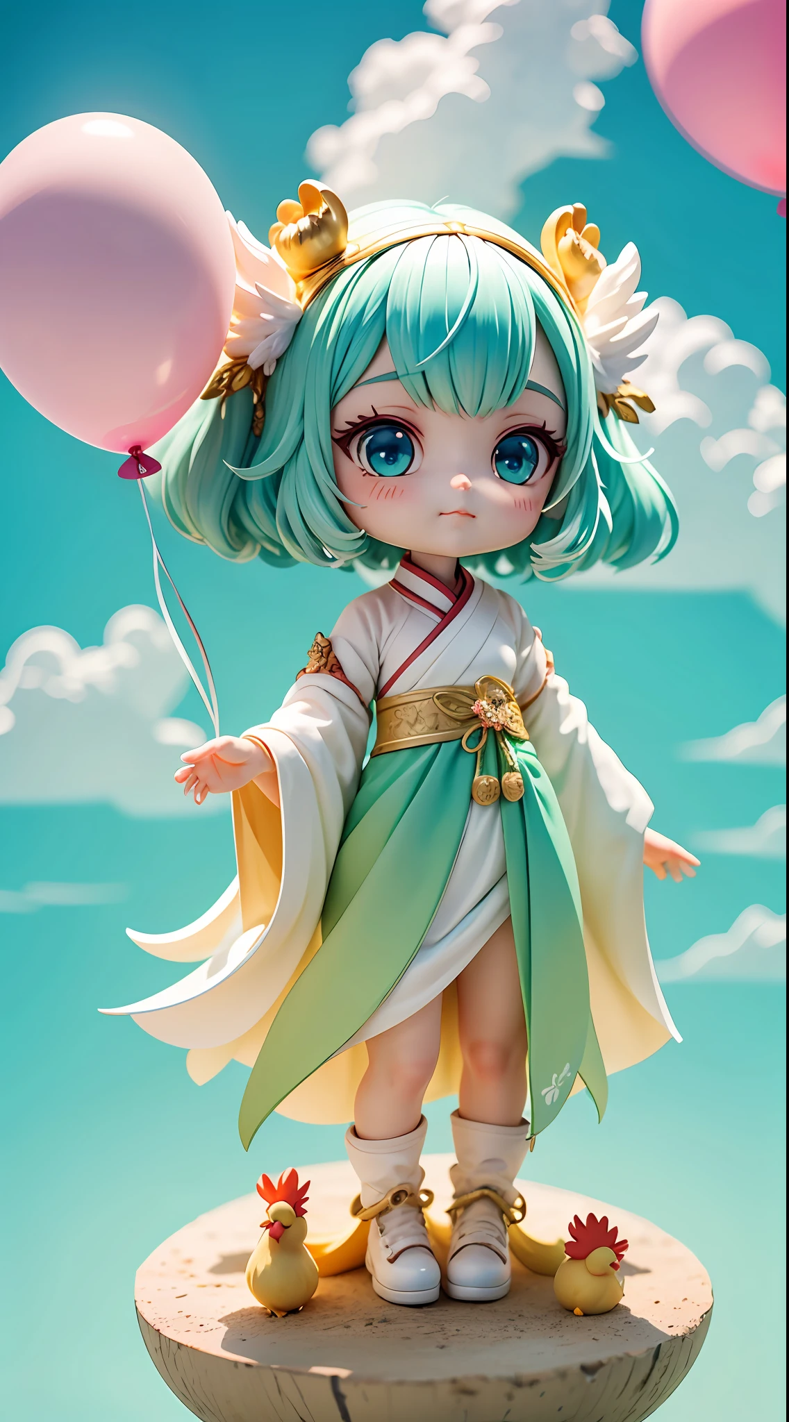 anthro rooster，Cute healing，wearing a hanfu，Chicken crown feathers on the head，Head phoenix feathers， fluffly， Feather rainbow color，gradient pink （（Best Quority））， （（a masterpiece of））， （ extremedetailed， highest details， offcial art， Beauty and artistic aesthetics：1.2）， depth of ﬁeld， Composition full body，（Chibi T-Shi），（Beautiful and delicate eyes：1.3），(Light mint green and gradient white)，Popmart blind box，Clay texture，(Heart-shaped transparent balloon，Clouds decorate background)