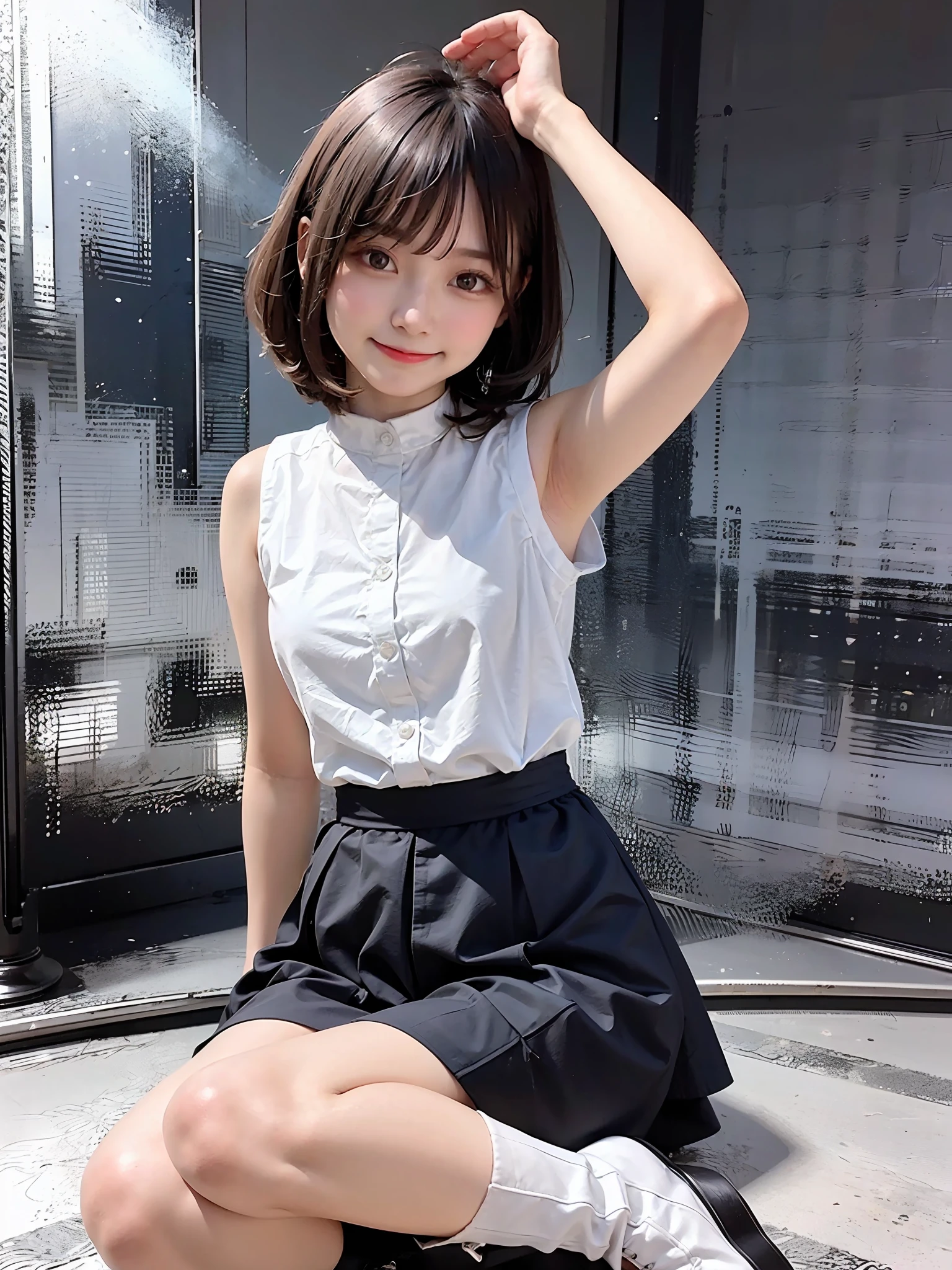Cute,extremely delicate and beautiful girl,A smile, Black skirt, longskirt,high waist skirt,high-necked,Sleeveless,bob cuts,long boots,ultra hyper-detailed, 4K, masutepiece,Smile,Small mouth,white shirt,Skirt with a widened hem,