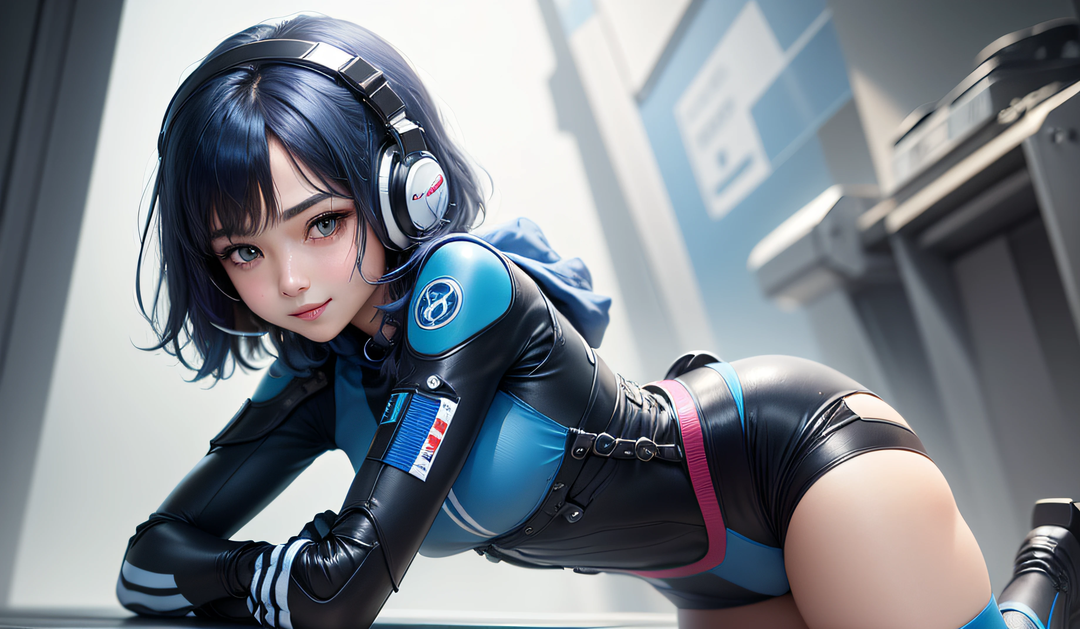 (masterpiece, highest quality, highest resolution, distinct_image, detailed details): (Solo, lone girl, face is Japan person, short cut, blue-haired girl, full body figure, (perfect body: 1.4), sparkly blue color eyes, pilot suit in white and blue color, tight fit clothes, clothes covering the whole body, very delicate and beautiful, detailed skin, slim body, exoskeleton, Gentle smile, heroine, headset, boots)