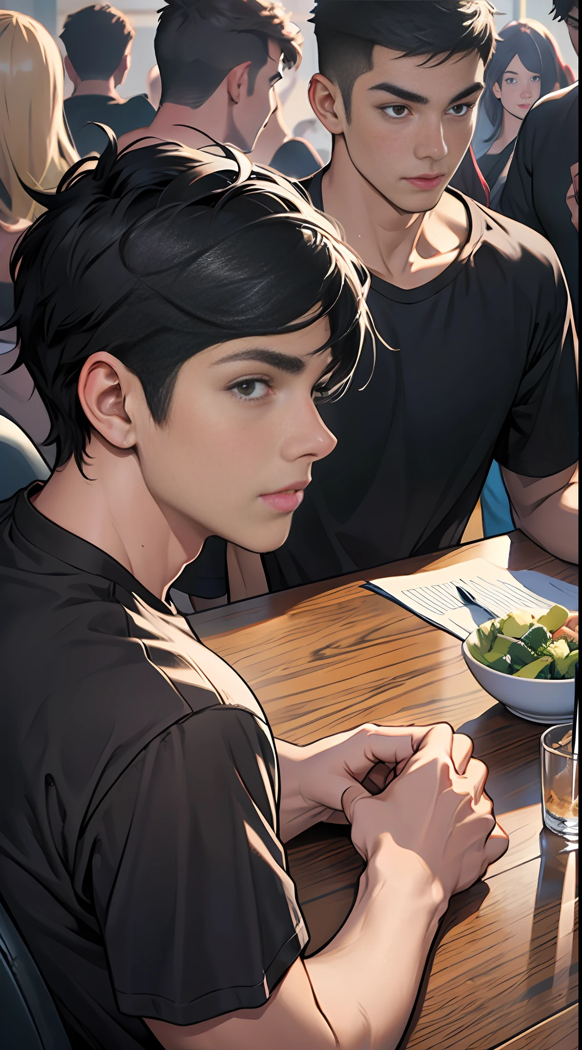 A young man with black short hair, wearing a black T-shirt, sat at the head of a long table., surrounded by people who looked at him in shock., 8k, super detail, ccurate, best quality, masterpiece