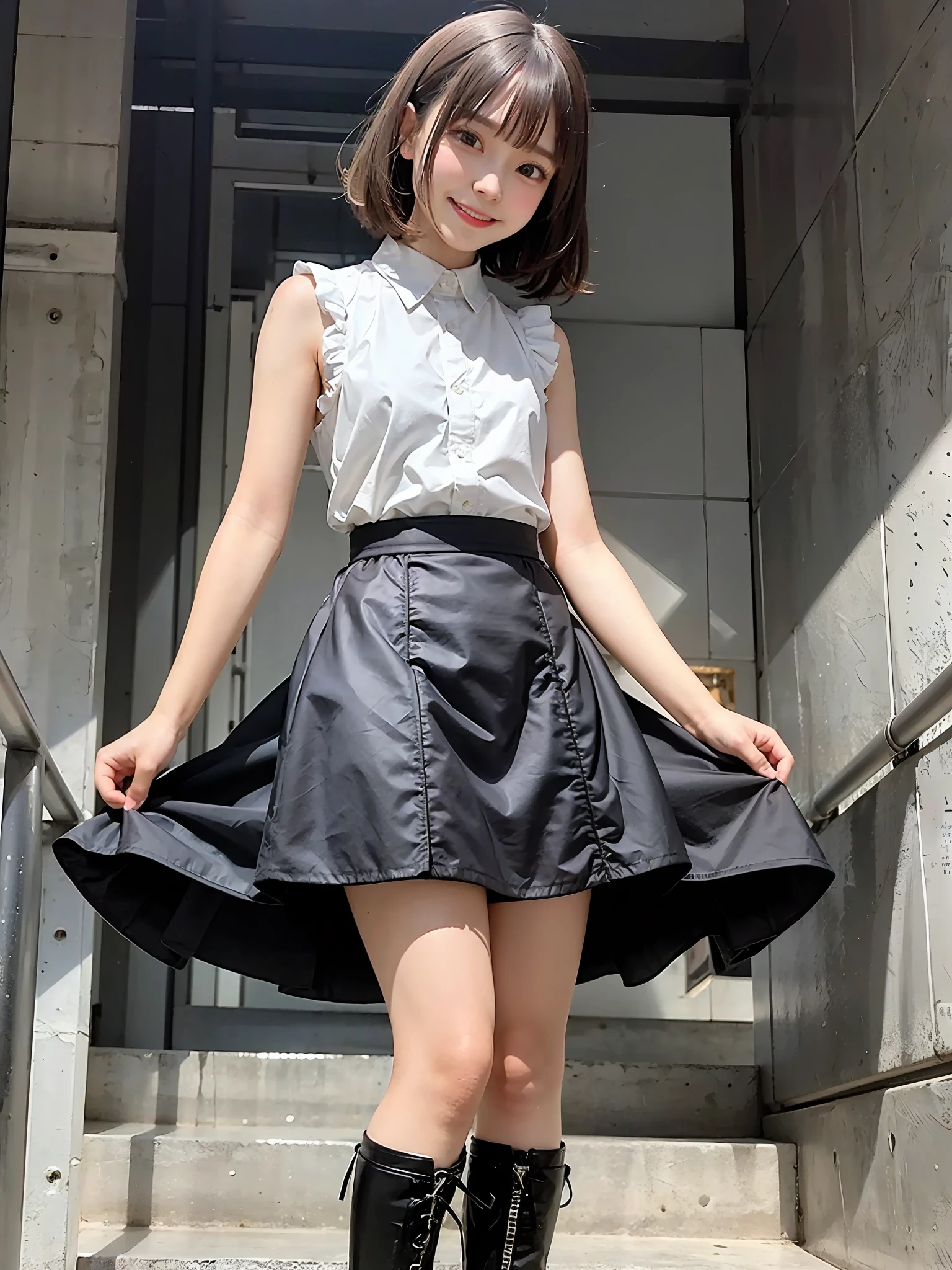 Cute,extremely delicate and beautiful girl,A smile, Black skirt, longskirt,high waist skirt,high-necked,Sleeveless,bob cuts,long boots,ultra hyper-detailed, 4K, masutepiece,Smile,Small mouth,white shirt,Skirt with a widened hem,