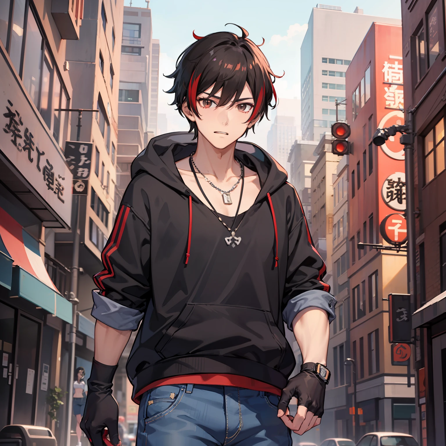 a chinese male, with short black hair, red streaked hair, Brown eyes, necklace, No sleeve hoodie shirt, Rune gloves, Jeans, sport shoes, Heroes, anime figure