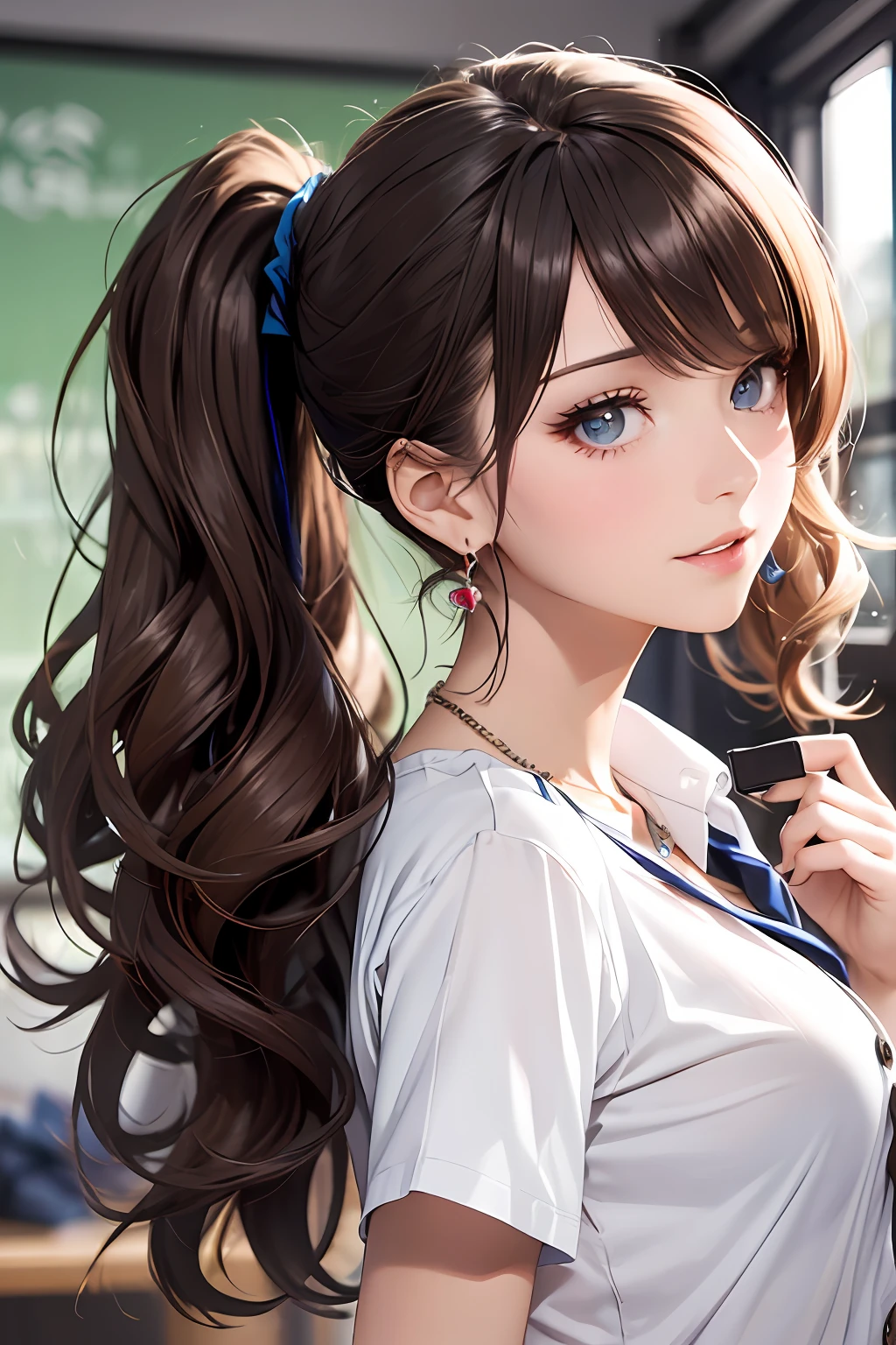 (Masterpiece: 1.3), (Maximum resolution: 1.2), (Ultra HDTV: 1.2), Cinema light, Ultra HDTV, (Detailed eyes and skin), (Detailed facial features), HDR, 8k resolution, Sharp Focus: 1.2, Perfect style, beautiful face, Perfect body, accurate, anatomically correct, highly detailed face and skin texture, detailed eyes, Dark-blue eyes, double eyelids, thin eyebrows, glitter eyeliner: 1.2, natural cheeks, glossy skin, fair skin: 1.2, shiny little necklace and earrings, (glossy lips: 1.4), BREAK, first-person-view, (she is very Cute high school student), (Wearing a Button up shirt, pleated mini skirt, Navy tie, high socks), (seductive smile: 1.2), ((Innocent and Cute girl:1.3)), (side-Ponytail Hairstyle, wavy hair), (Light-brown hair:1.2), medium long hair, (Cowboy shot: 1.2), BREAK, ((Very intimate relationships: 1.2)), medium large breasts, ((Looking back at viewer:1.2)), ((Grab a shirt button.:1.6)), ((In the school changing room:1.2)), (from behind:1.2),