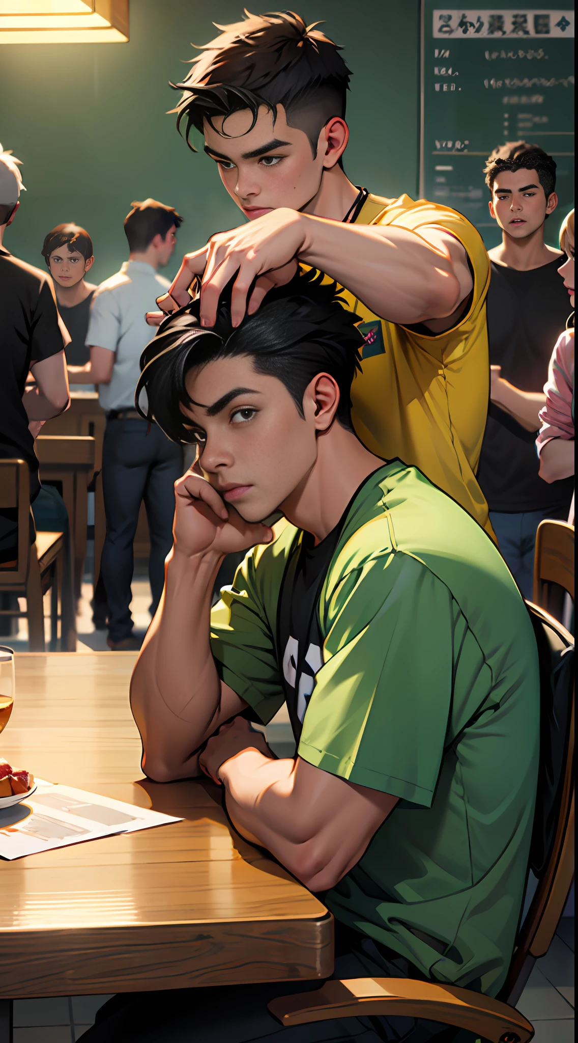 A young man with black short hair, wearing a black T-shirt, sat at the head of a long table., surrounded by people who looked at him in shock., 8k, super detail, ccurate, best quality, masterpiece