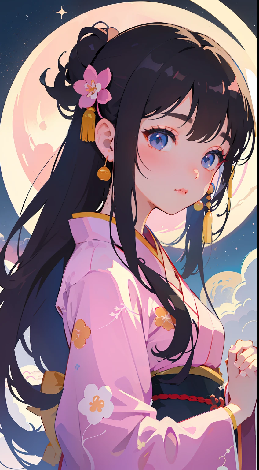 1 sticker, sticker, nikkaze, (cute girl), (gorgeous kimono), (gorgeous hair accessory), (chinese traditional hairstyle), cherry blossoms, clouds, behind is a huge round moon, stars, white background, no background, simple background, minimal, cute, tiny, pastel color, vector style, no gradient,solo