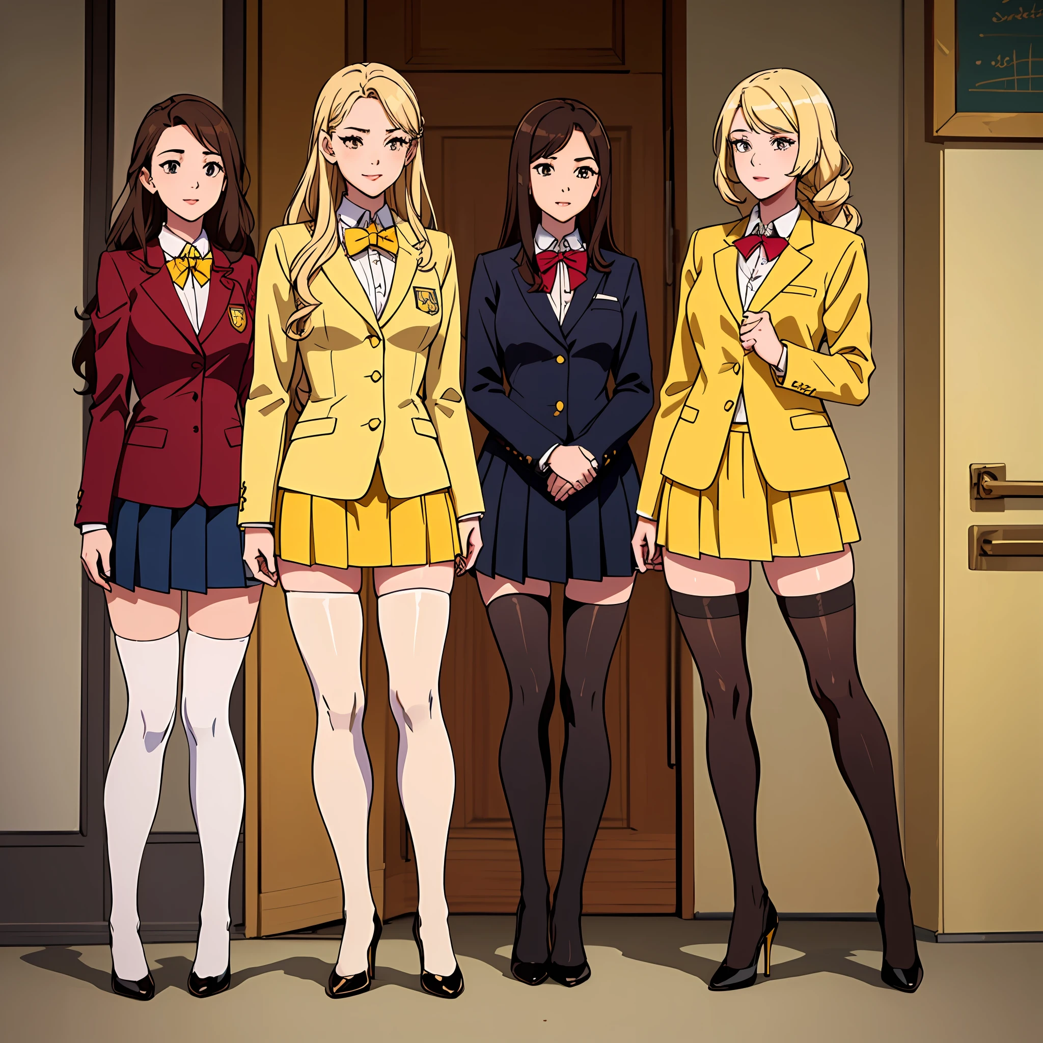 ((Masterpiece, highres)), 10+girls, group, same age sisters, ((brown haired girls, blonde girls)), long hair, curly hair, matching hairstyles, different hair color, confident, elegant, proud smiles, (((matching outfits, identical outfits, yellow school uniforms, sexy school uniforms, yellow blazer, yellow short skirt, white thighhighs, black high heels)))
