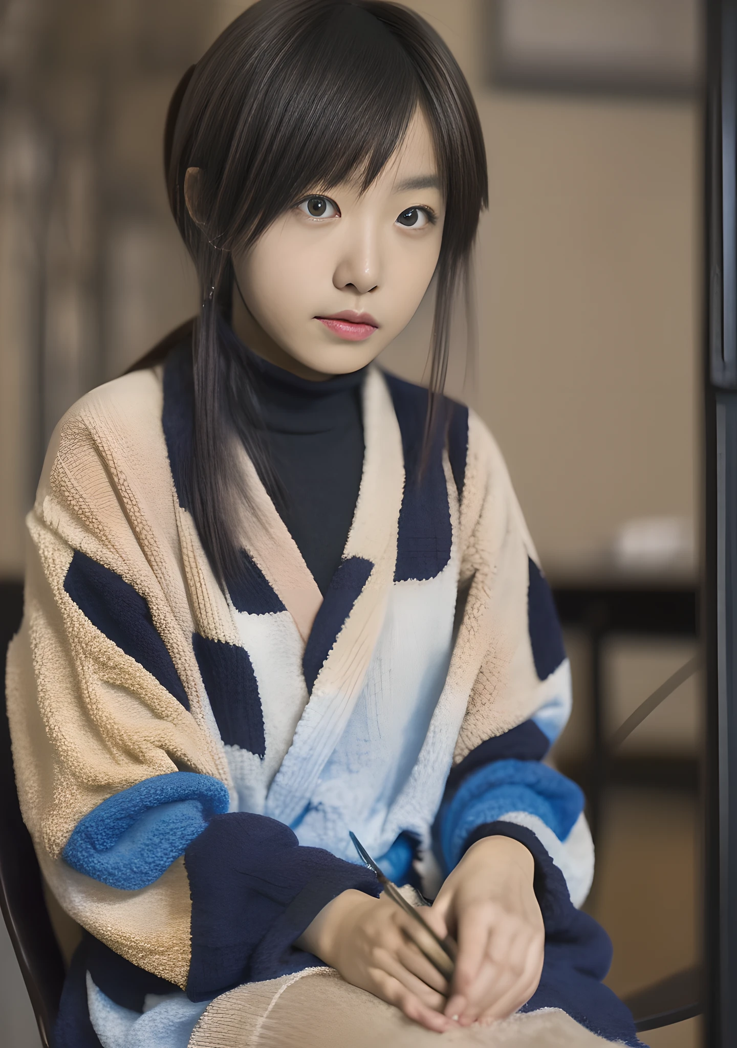 (20 yrs), japanaese girl,sits on a chair, Finely detailed, (masutepiece:1.2), (Best quality), (Apologies:1.2), (forward leaning:1.4),(angry:1.2), Standing, anime girl in real life,