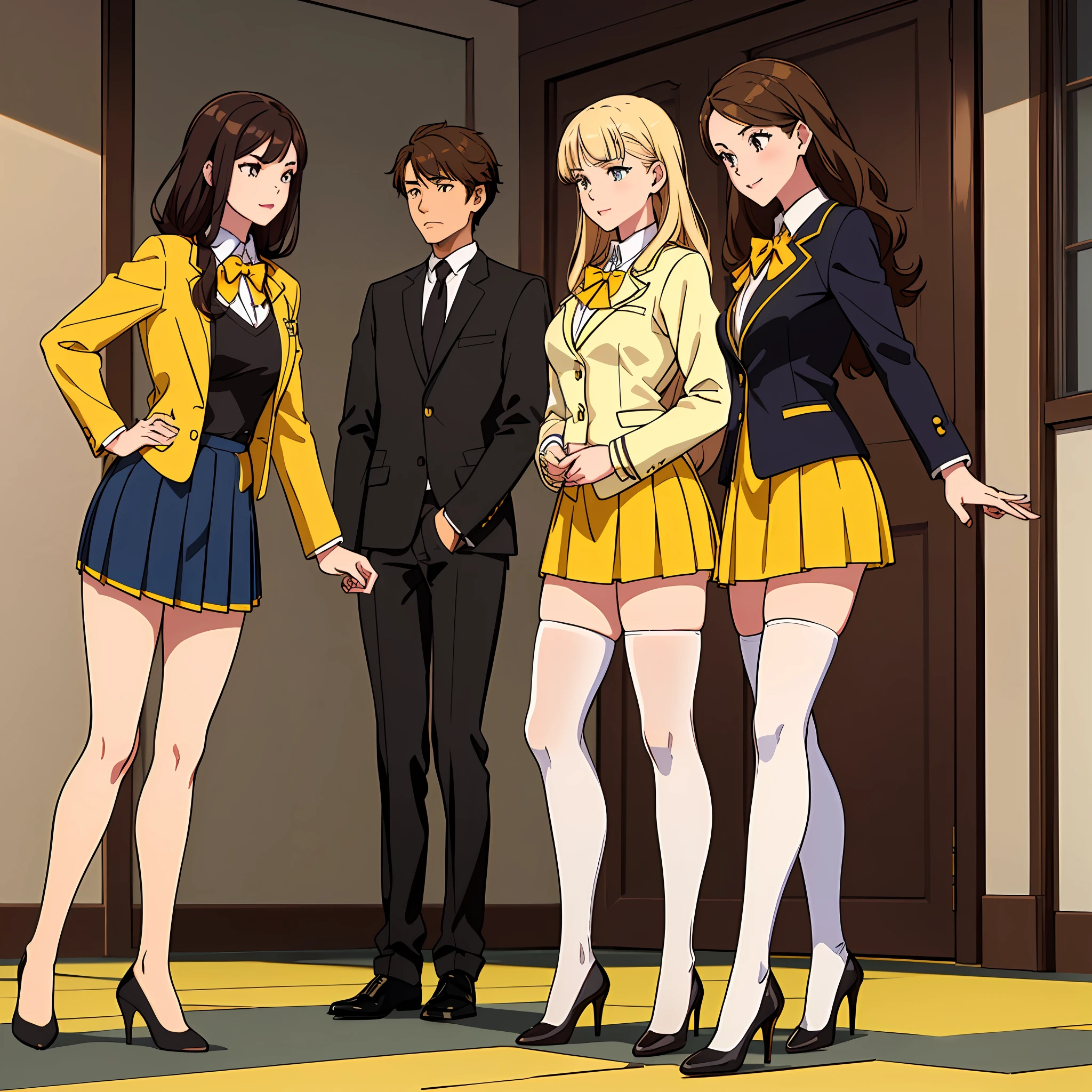 ((Masterpiece, highres)), 10+girls, group, same age sisters, ((brown haired girls, blonde girls)), long hair, curly hair, matching hairstyles, different hair color, confident, elegant, proud smiles, (((matching outfits, identical outfits, yellow school uniforms, sexy school uniforms, yellow blazer, yellow short skirt, white thighhighs, black high heels)))