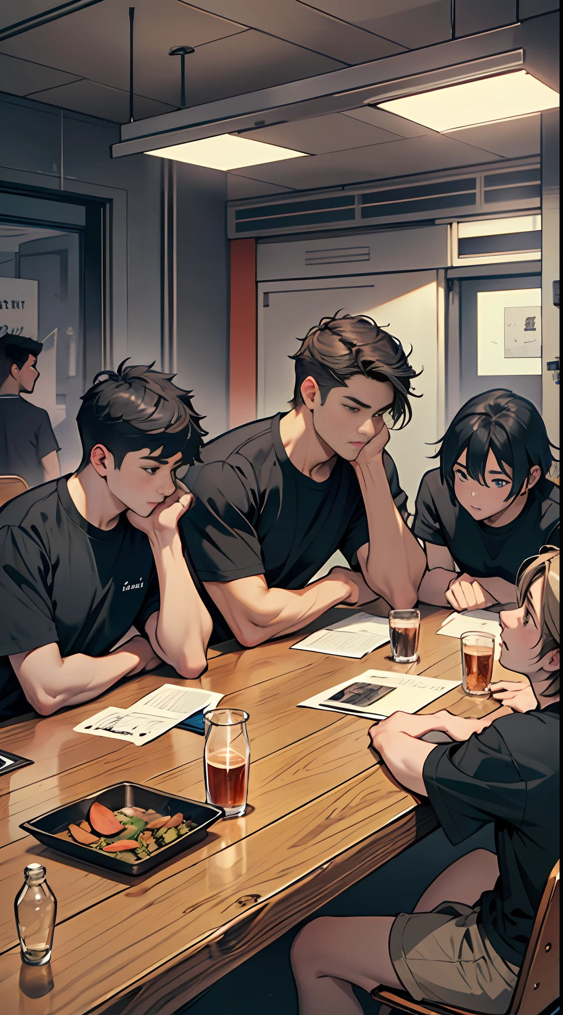 A young man with black short hair, wearing a black T-shirt, sat at the head of a long table., surrounded by people who looked at him in shock., 8k, super detail, ccurate, best quality, masterpiece