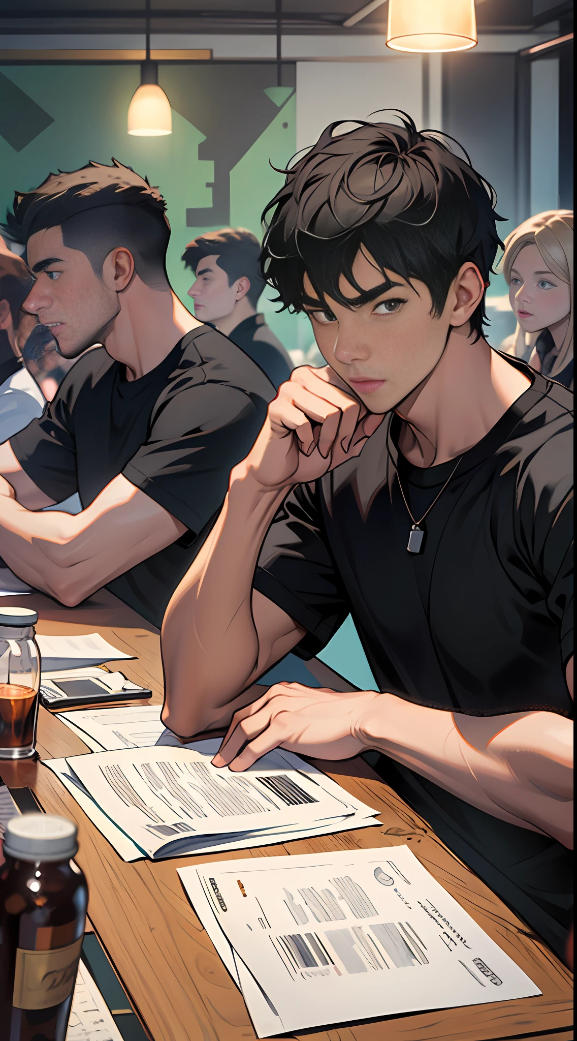 A young man with black short hair, wearing a black T-shirt, sat at the head of a long table., surrounded by people who looked at him in shock., 8k, super detail, ccurate, best quality, masterpiece