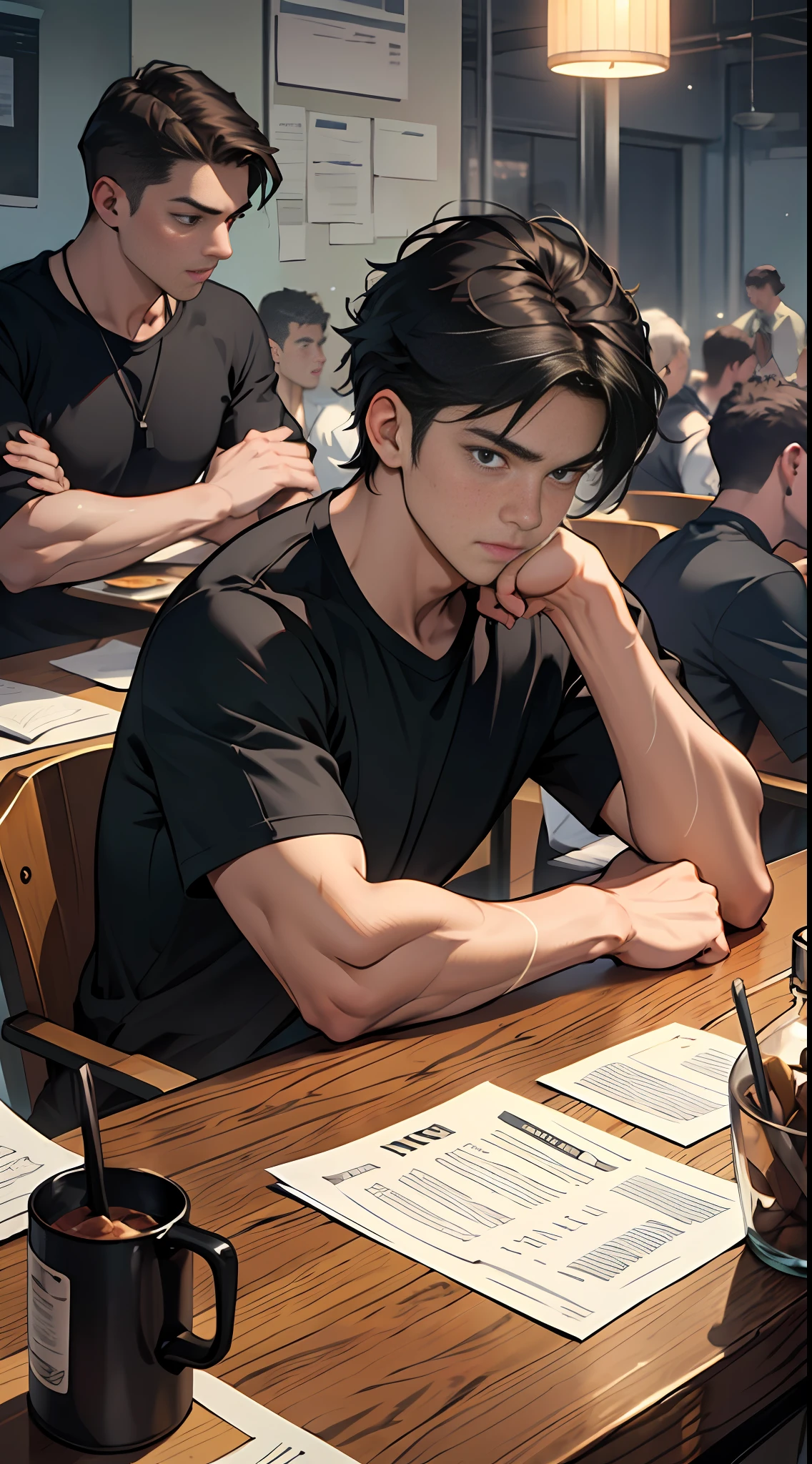 A young man with black short hair, wearing a black T-shirt, sat at the head of a long table., surrounded by people who looked at him in shock., 8k, super detail, ccurate, best quality, masterpiece