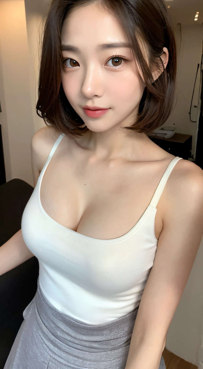 ((Best picture quality, 8K, a masterpiece of:1.3)), 1girl huge large breasts, Beautiful woman with slender abs:1.3, (Casual hairstyle, :1.2), Sexy dress，Ultra-fine face, detailed eye, 双眼皮，smil,Take pictures in cute poses，The figure is very bad，tiny small waist，A big-breasted，Close-up，Close-up chest，White-skinned，beautiful in the background