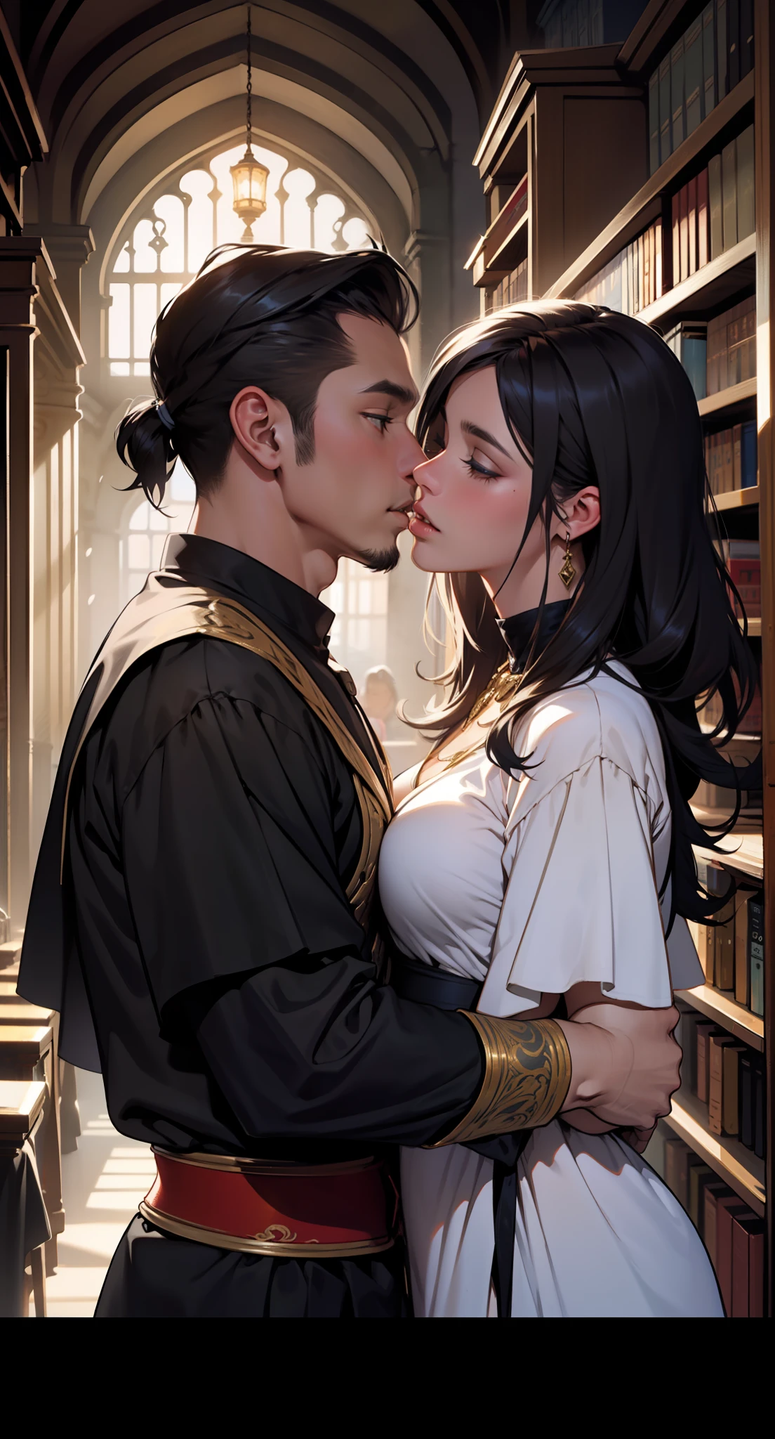 1 homem beijando o ombro da mulher, cabelos pretos longo, fundo biblioteca (atmosfera medieval), (realista), (obra prima) a mulher tem cabelo preto comprido!