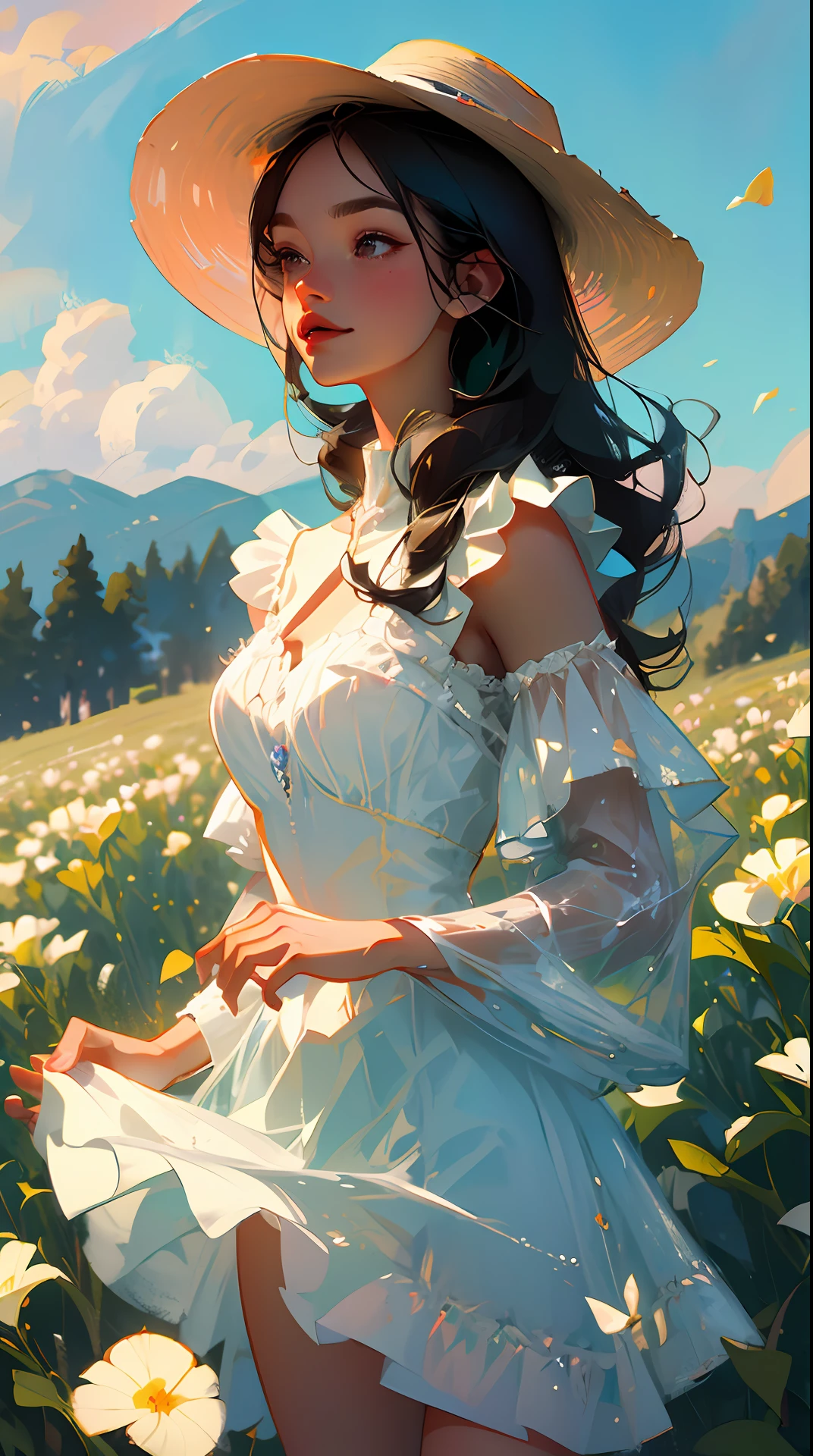 beste-Qualit、шедевр、4k、hair flowing in wind、a straw fedora hat、White dress、a serene smile、countryside view、Blurry in the distance --auto
