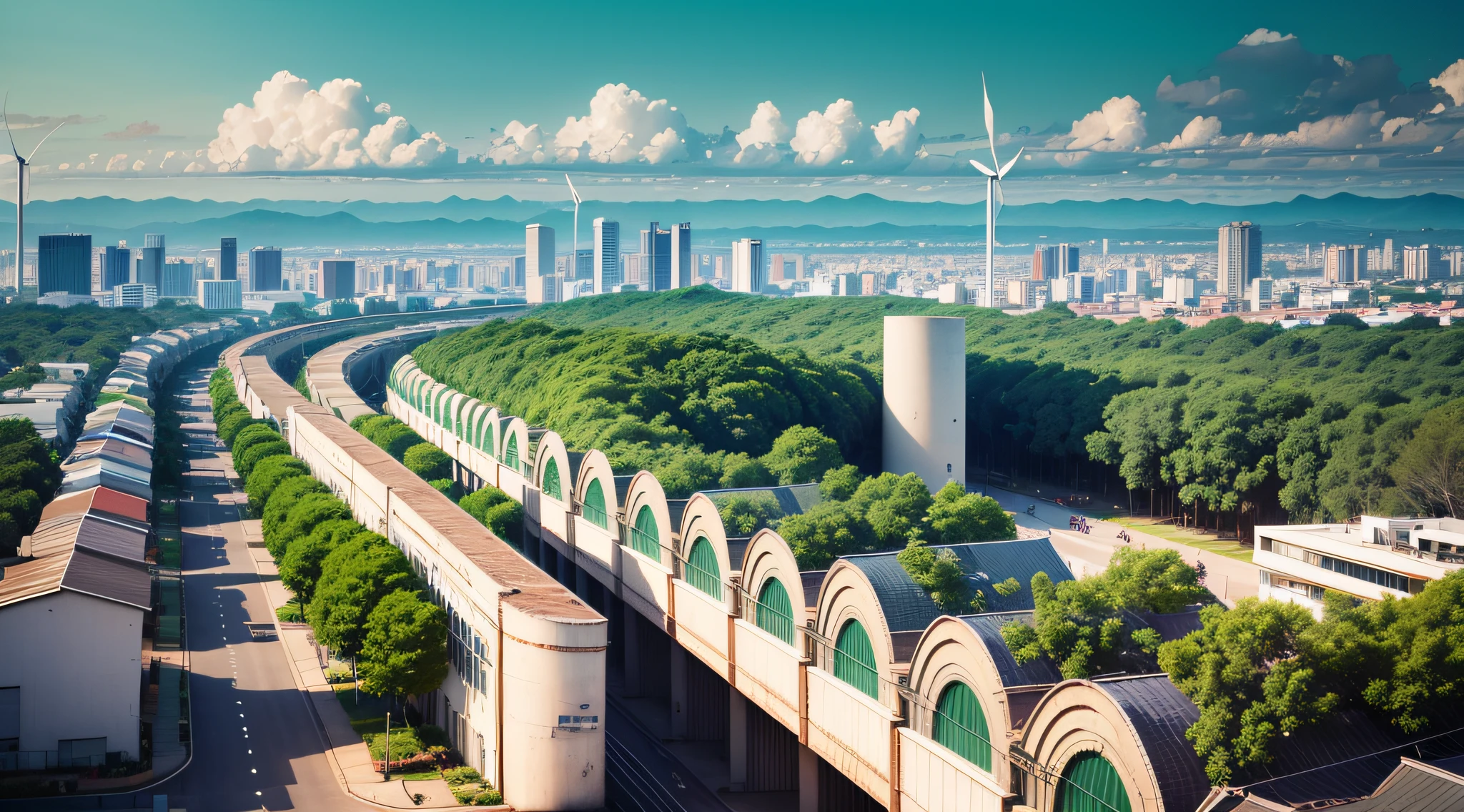 /imagine prompt: A sustainable city in Goiânia, Goias, daqui a 70 anos no ano de 2100, com parques verdes exuberantes, solar panels and wind turbines integrated into the architecture, Efficient public transport and streets full of cycle paths, focusing on the harmony between the environment and urbanization, illustration, papelaria, recorte e colagem, --AR 16:9 --V 5