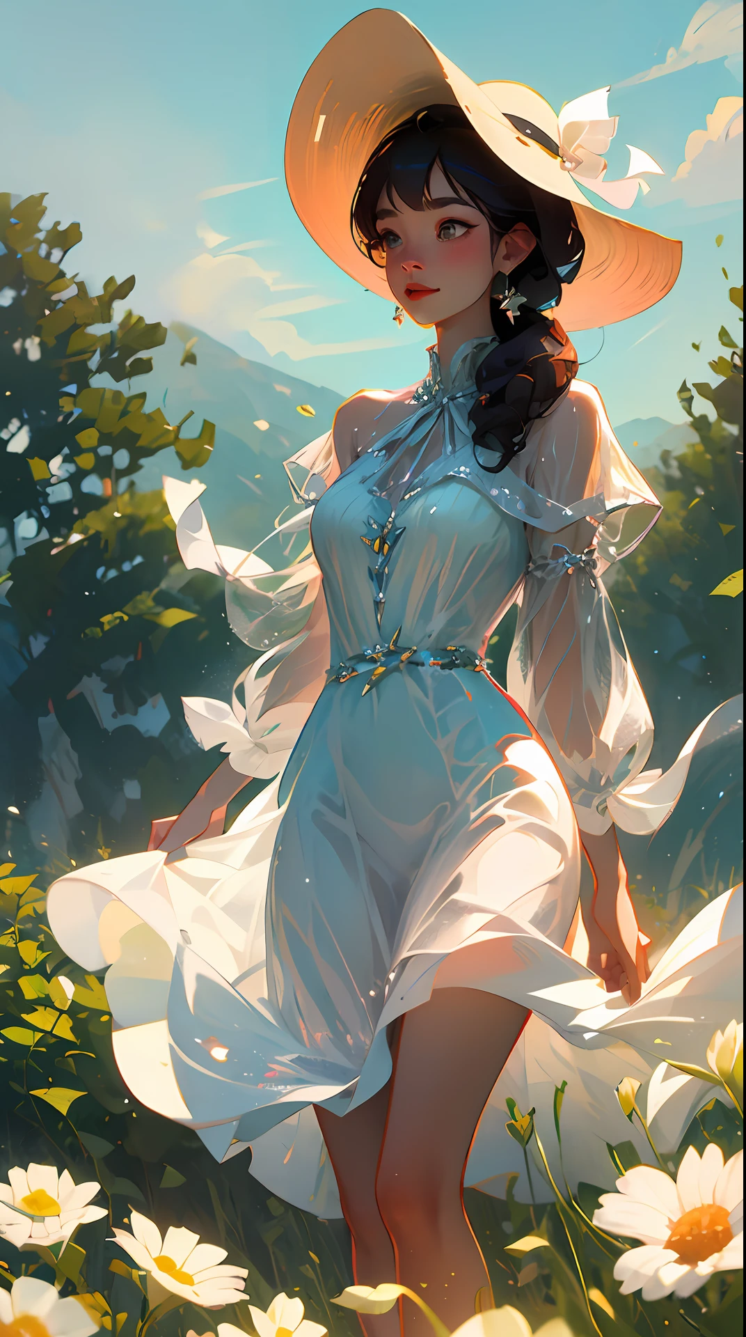 beste-Qualit、шедевр、4k、hair flowing in wind、a straw fedora hat、White dress、a serene smile、countryside view、Blurry in the distance --auto