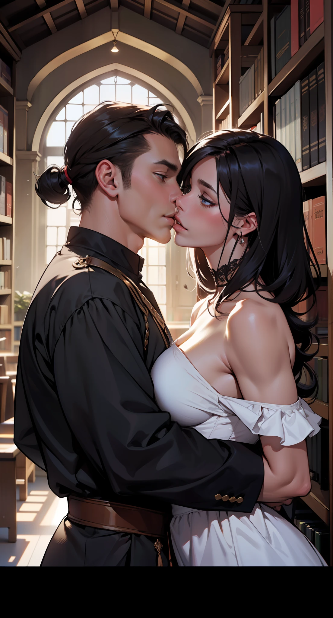 1 homem beijando o ombro da mulher, cabelos pretos longo, fundo biblioteca (atmosfera medieval), (realista), (obra prima) a mulher tem cabelo preto comprido!