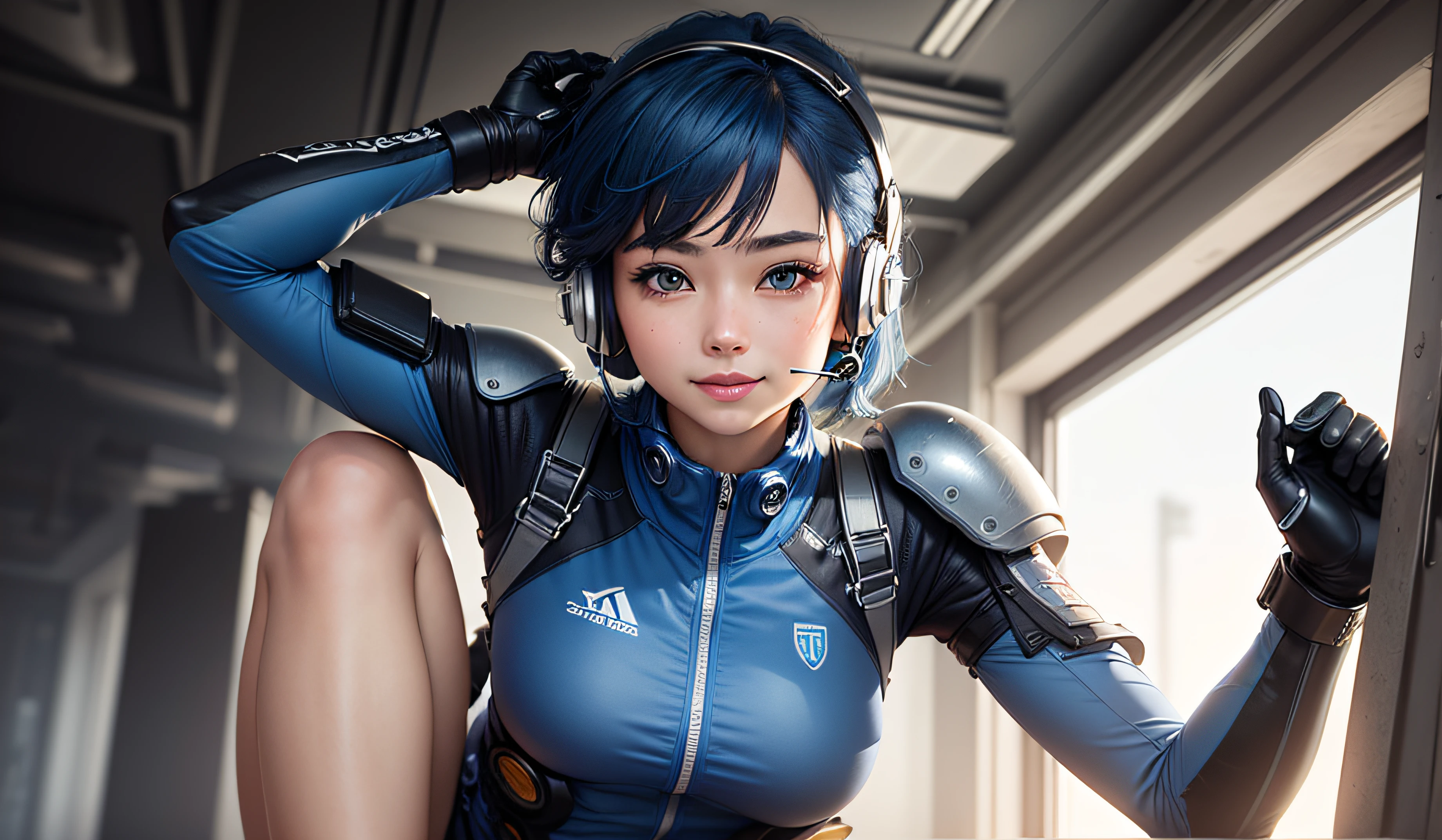 (masterpiece, highest quality, highest resolution, distinct_image, detailed details): (Solo, lone girl, face is Japan person, short cut, blue-haired girl, full body figure, (perfect body: 1.4), sparkly blue color eyes, pilot suit in white and blue color, tight fit clothes, clothes covering the whole body, very delicate and beautiful, detailed skin, slim body, exoskeleton, Gentle smile, heroine, headset, boots)