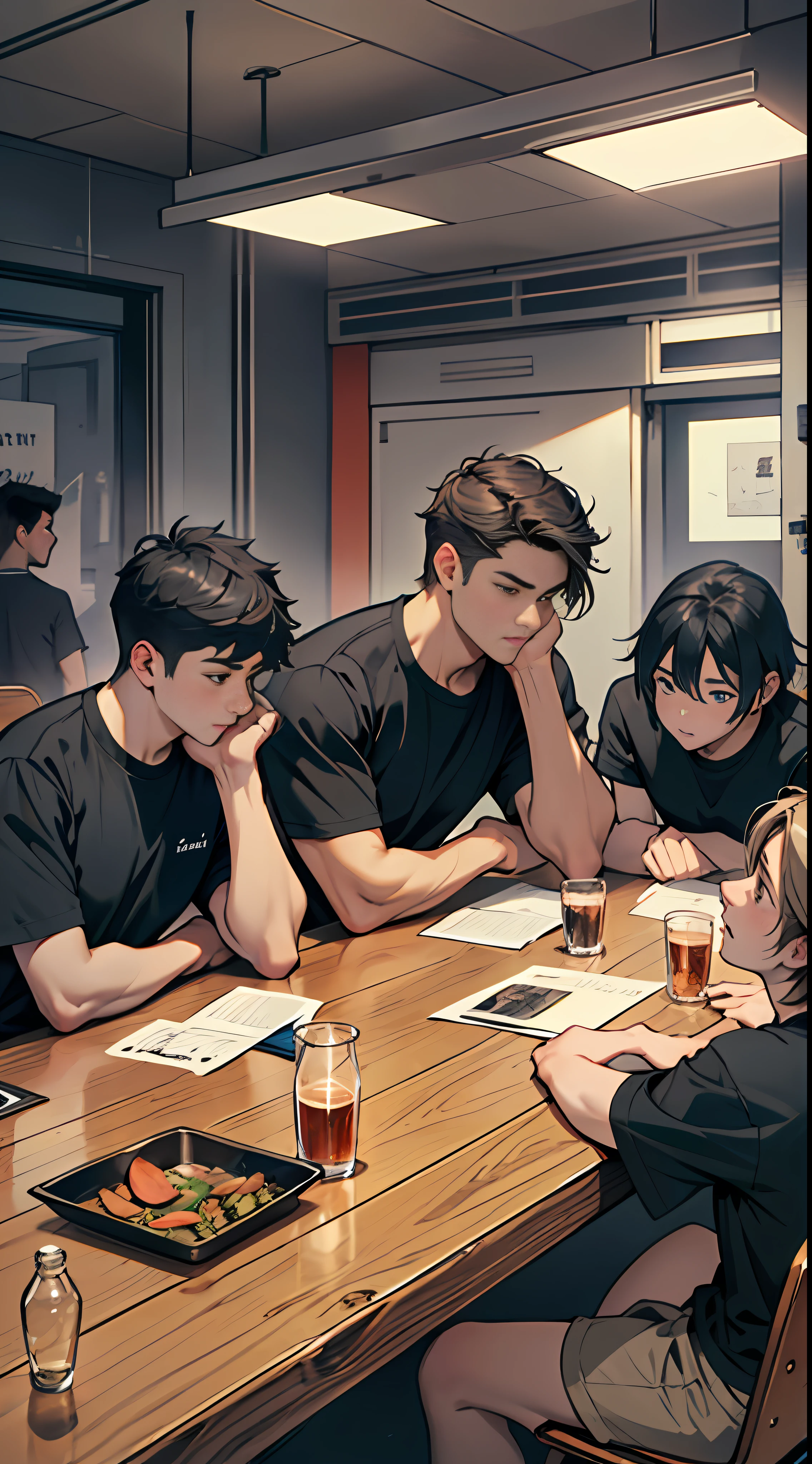 A young man with black short hair, wearing a black T-shirt, sat at the head of a long table., surrounded by people who looked at him in shock., 8k, super detail, ccurate, best quality, masterpiece