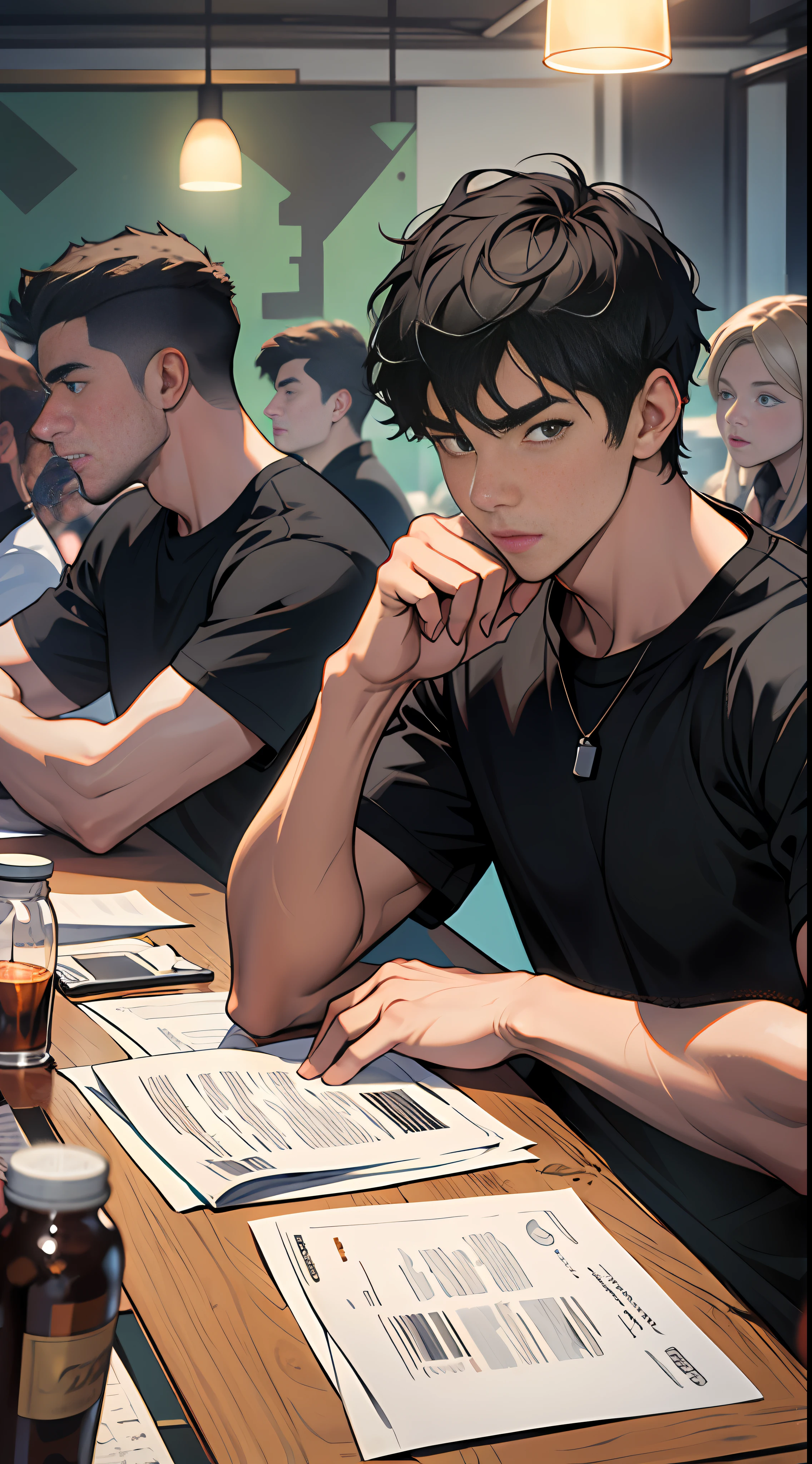 A young man with black short hair, wearing a black T-shirt, sat at the head of a long table., surrounded by people who looked at him in shock., 8k, super detail, ccurate, best quality, masterpiece