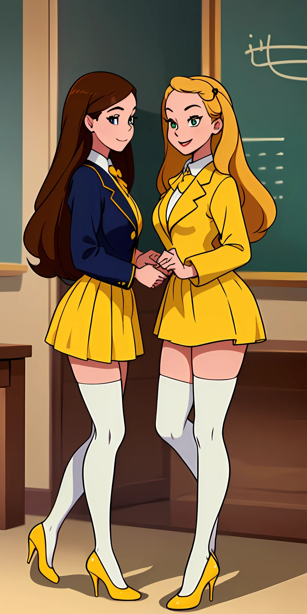 ((Masterpiece, highres)), 2girls, duo, twins, ((one brown haired girl, one blonde girl)), long hair, curly hair, matching hairstyles, different hair color, confident, elegant, proud smiles, (((matching outfits, identical outfits, yellow school uniforms, sexy school uniforms, yellow blazer, yellow short skirt, white thighhighs, black high heels)))