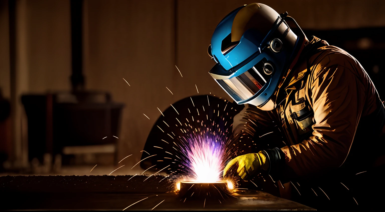 araffe welding a piece of metal with sparks in a workshop, welding torches for arms, Metais, ombro na frente pose, Asas de soldador, Fotografia de Stock, welding helmet head, metalurgia, manufacturing, Imagem de Stock, em uma oficina, Foto de Stock, foto retrato, retrato, fotografia industrial, trabalho profissional, woman in a dark factory, foto de retrato