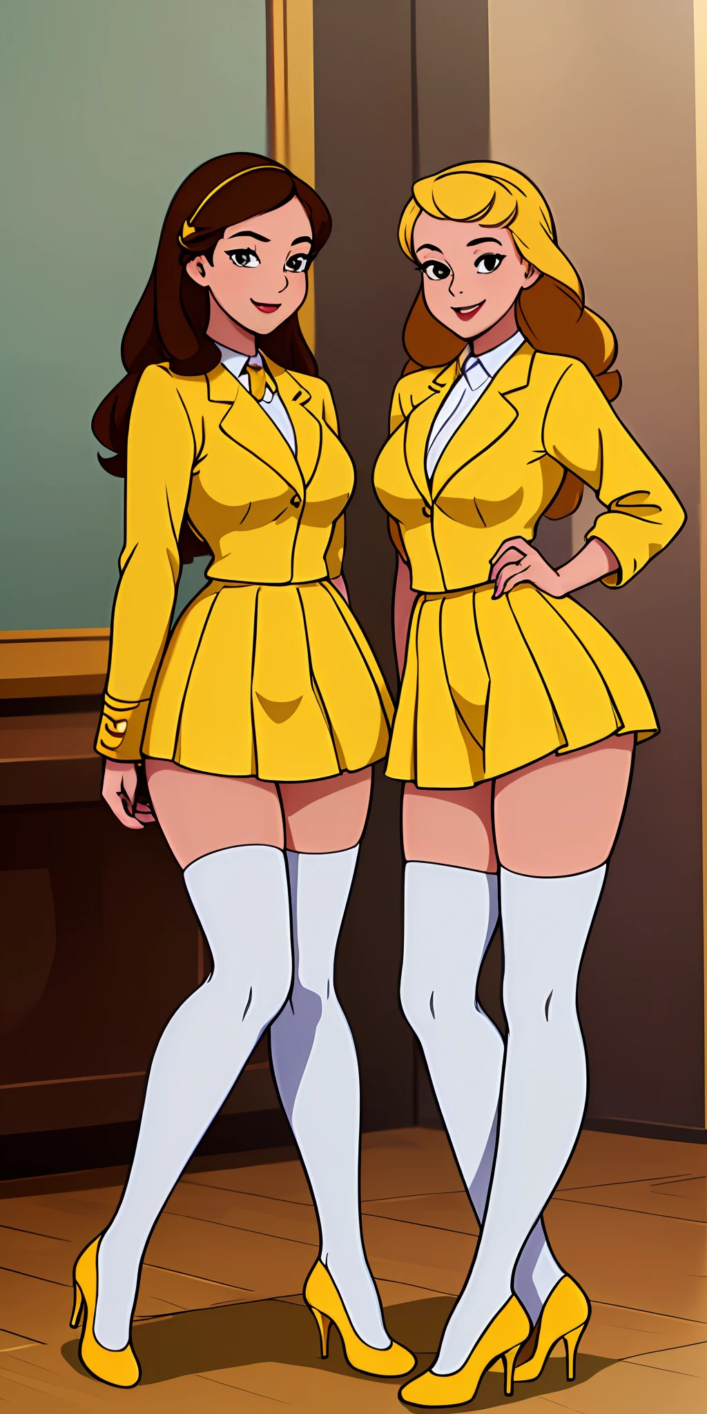 ((Masterpiece, highres)), 2girls, duo, twins, ((one brown haired girl, one blonde girl)), long hair, curly hair, matching hairstyles, different hair color, confident, elegant, proud smiles, (((matching outfits, identical outfits, yellow school uniforms, sexy school uniforms, yellow blazer, yellow short skirt, white thighhighs, black high heels)))