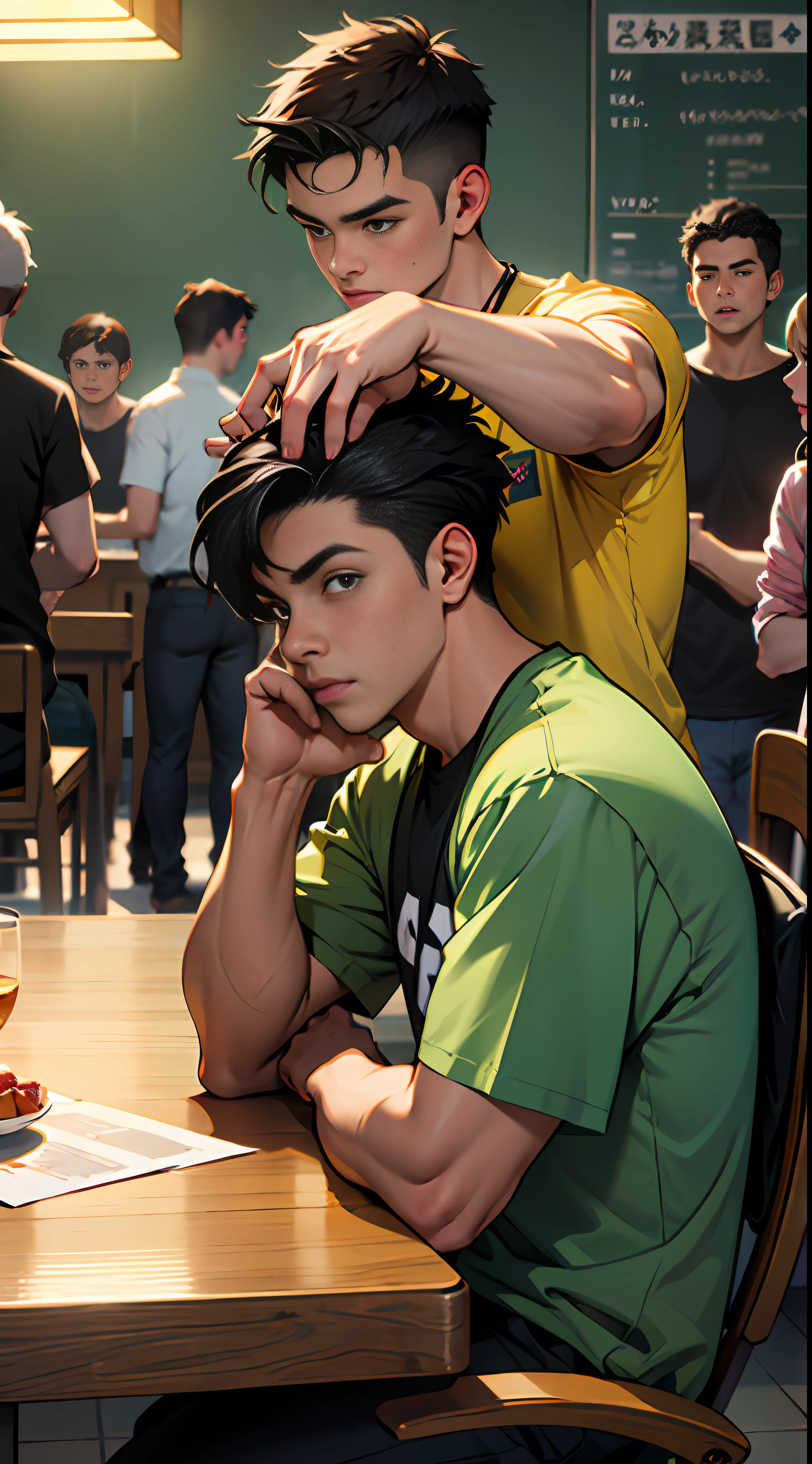 A young man with black short hair, wearing a black T-shirt, sat at the head of a long table., surrounded by people who looked at him in shock., 8k, super detail, ccurate, best quality, masterpiece