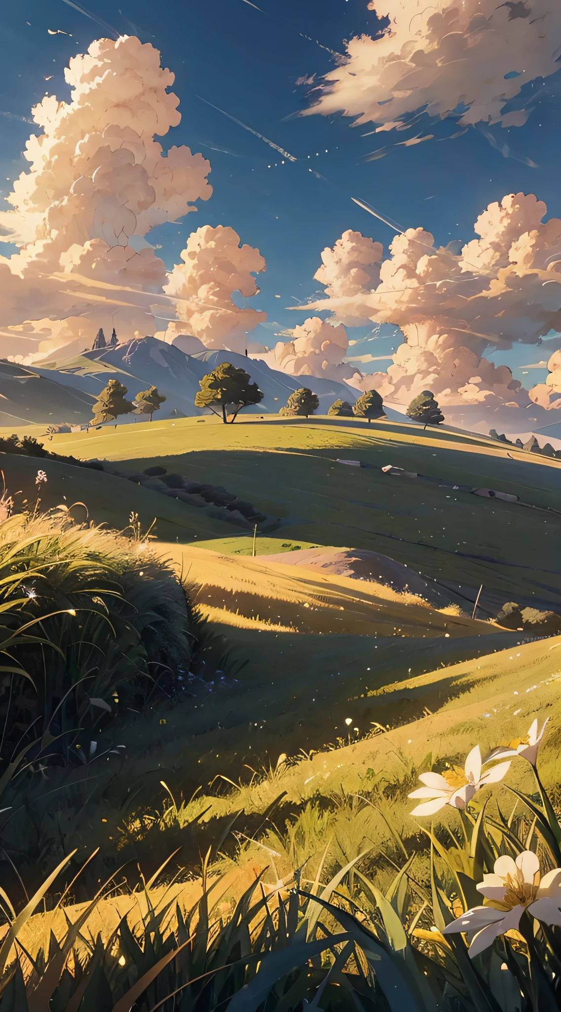 Grassland, pasture, blue sky, white clouds, meadow