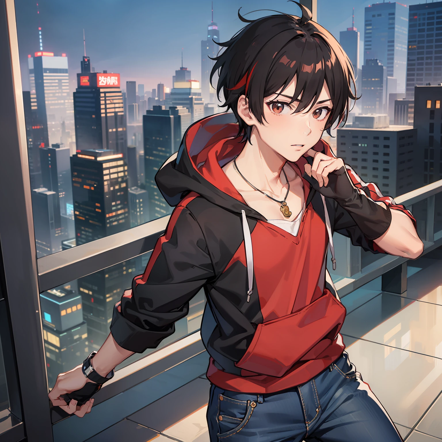 a chinese male, with short black hair, red streaked hair, Brown eyes, necklace, No sleeve hoodie shirt, Rune gloves, Jeans, sport shoes, Heroes, anime figure