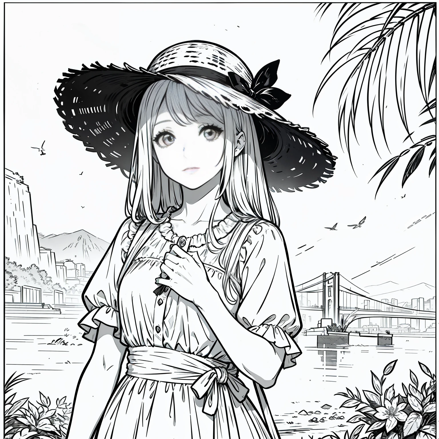 (obra maestra), mejor calidad, en un rio, primer plano, con arte lineal y monocromo, A girl with an intriguing expression and a straw hat in her hand.