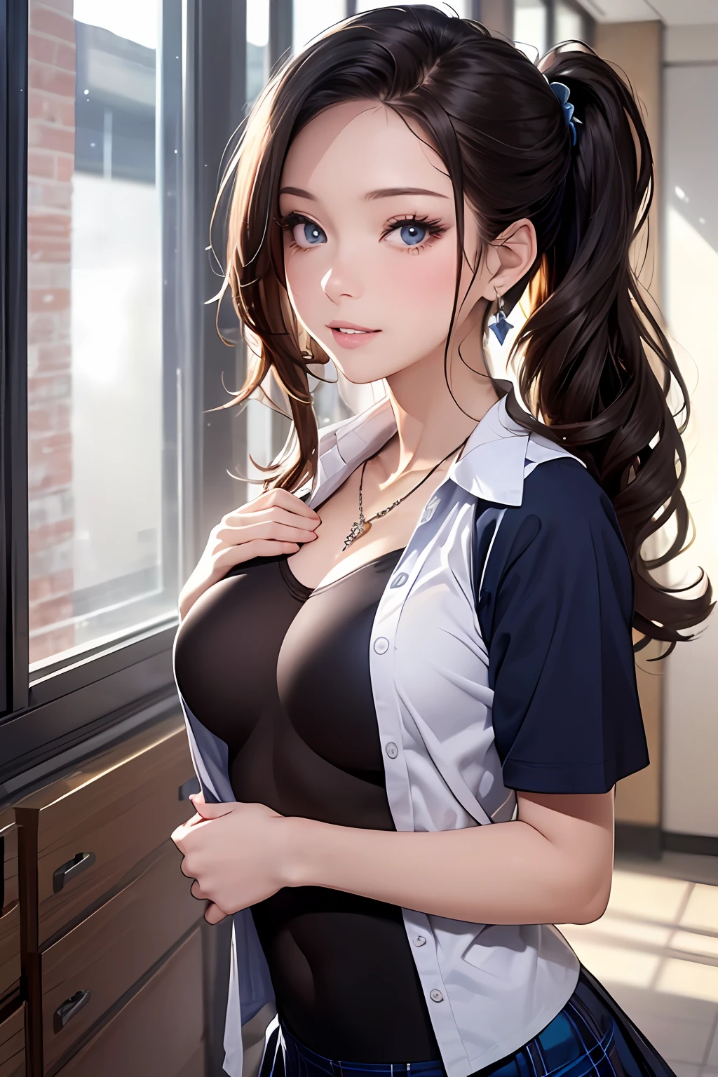 (Masterpiece: 1.3), (Maximum resolution: 1.2), (Ultra HDTV: 1.2), Cinema light, Ultra HDTV, (Detailed eyes and skin), (Detailed facial features), HDR, 8k resolution, Sharp Focus: 1.2, Perfect style, beautiful face, Perfect body, accurate, anatomically correct, highly detailed face and skin texture, detailed eyes, Dark-blue eyes, double eyelids, thin eyebrows, glitter eyeliner: 1.2, natural cheeks, glossy skin, fair skin: 1.2, shiny little necklace and earrings, (glossy lips: 1.4), BREAK, first-person-view, (she is very Cute high school student), (Wearing a Button up shirt, pleated mini skirt, Navy tie, high socks), (seductive smile: 1.2), ((Innocent and Cute girl:1.3)), (side-Ponytail Hairstyle, wavy hair), (Light-brown hair:1.2), medium long hair, (Cowboy shot: 1.2), BREAK, ((Very intimate relationships: 1.2)), medium large breasts, ((Looking back at viewer:1.2)), ((lifted a chest shirt:1.6)), ((In the school changing room:1.2)), (from side:1.2),