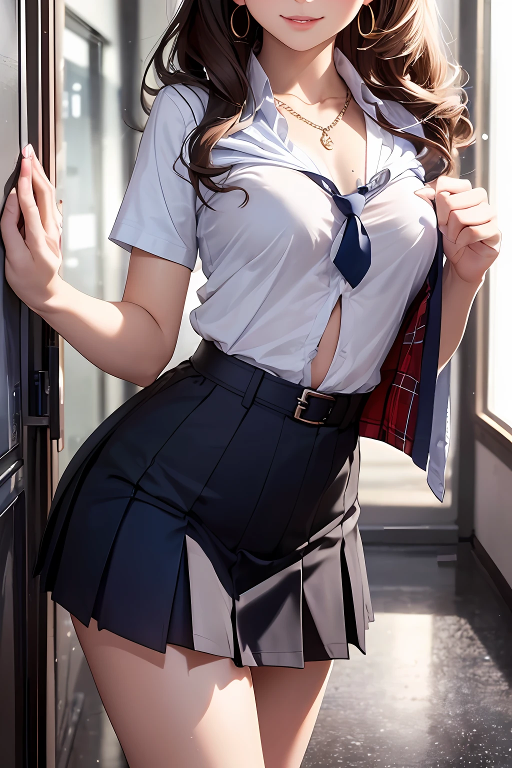 (Masterpiece: 1.3), (Maximum resolution: 1.2), (Ultra HDTV: 1.2), Cinema light, Ultra HDTV, (Detailed eyes and skin), (Detailed facial features), HDR, 8k resolution, Sharp Focus: 1.2, Perfect style, beautiful face, Perfect body, accurate, anatomically correct, highly detailed face and skin texture, detailed eyes, Dark-blue eyes, double eyelids, thin eyebrows, glitter eyeliner: 1.2, natural cheeks, glossy skin, fair skin: 1.2, shiny little necklace and earrings, (glossy lips: 1.4), BREAK, first-person-view, (she is very Cute high school student), (Wearing a Button up shirt, pleated mini skirt, Navy tie, high socks), (seductive smile: 1.2), ((Innocent and Cute girl:1.3)), (side-Ponytail Hairstyle, wavy hair), (Light-brown hair:1.2), medium long hair, (Cowboy shot: 1.2), BREAK, ((Very intimate relationships: 1.2)), medium large breasts, ((Looking back at viewer:1.2)), ((lifted a chest shirt:1.6)), ((In the school changing room:1.2)), (from side:1.2),